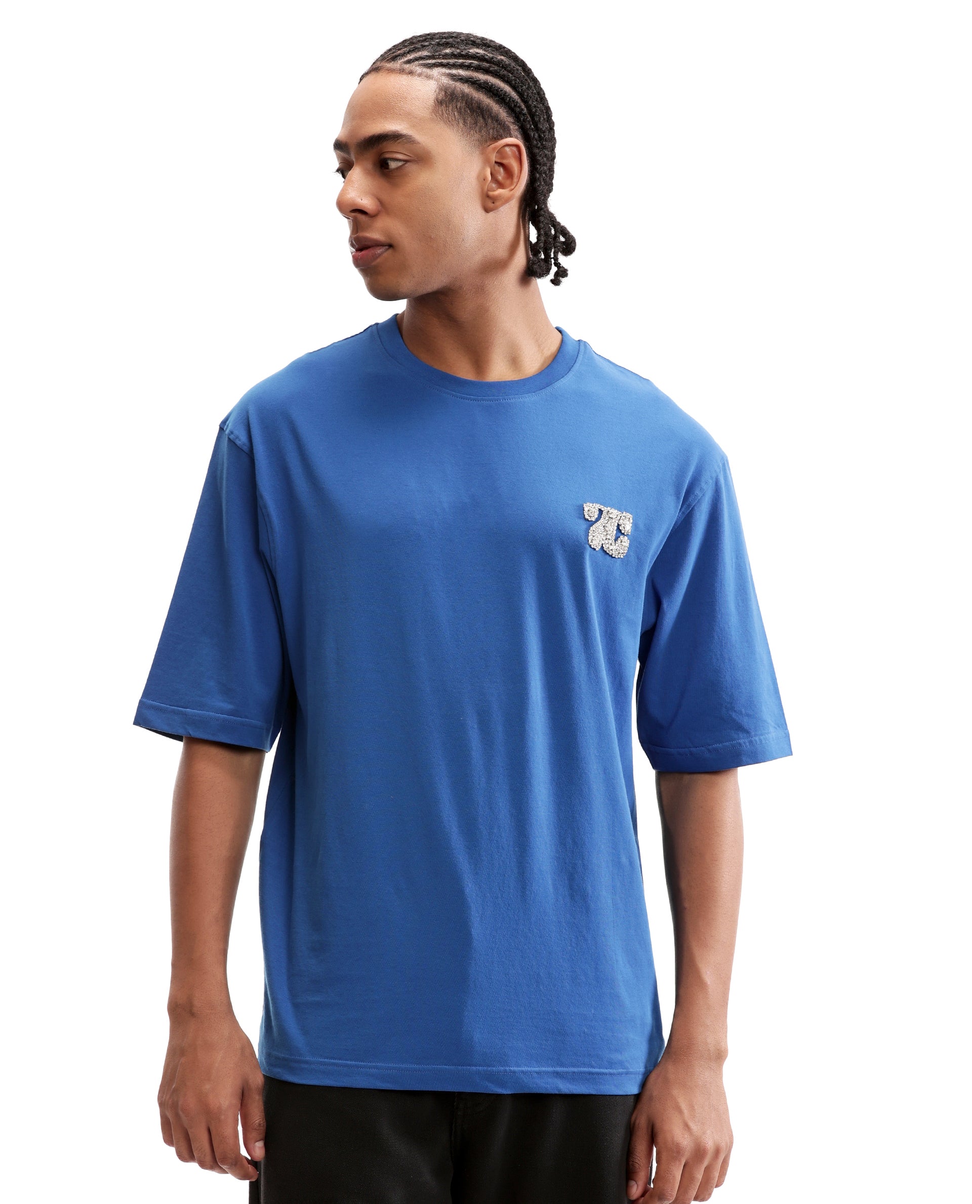 Imperial Prussian Blue Single Jersey Neck Oversized T-Shirt with Crystal Finish Rhinestones
