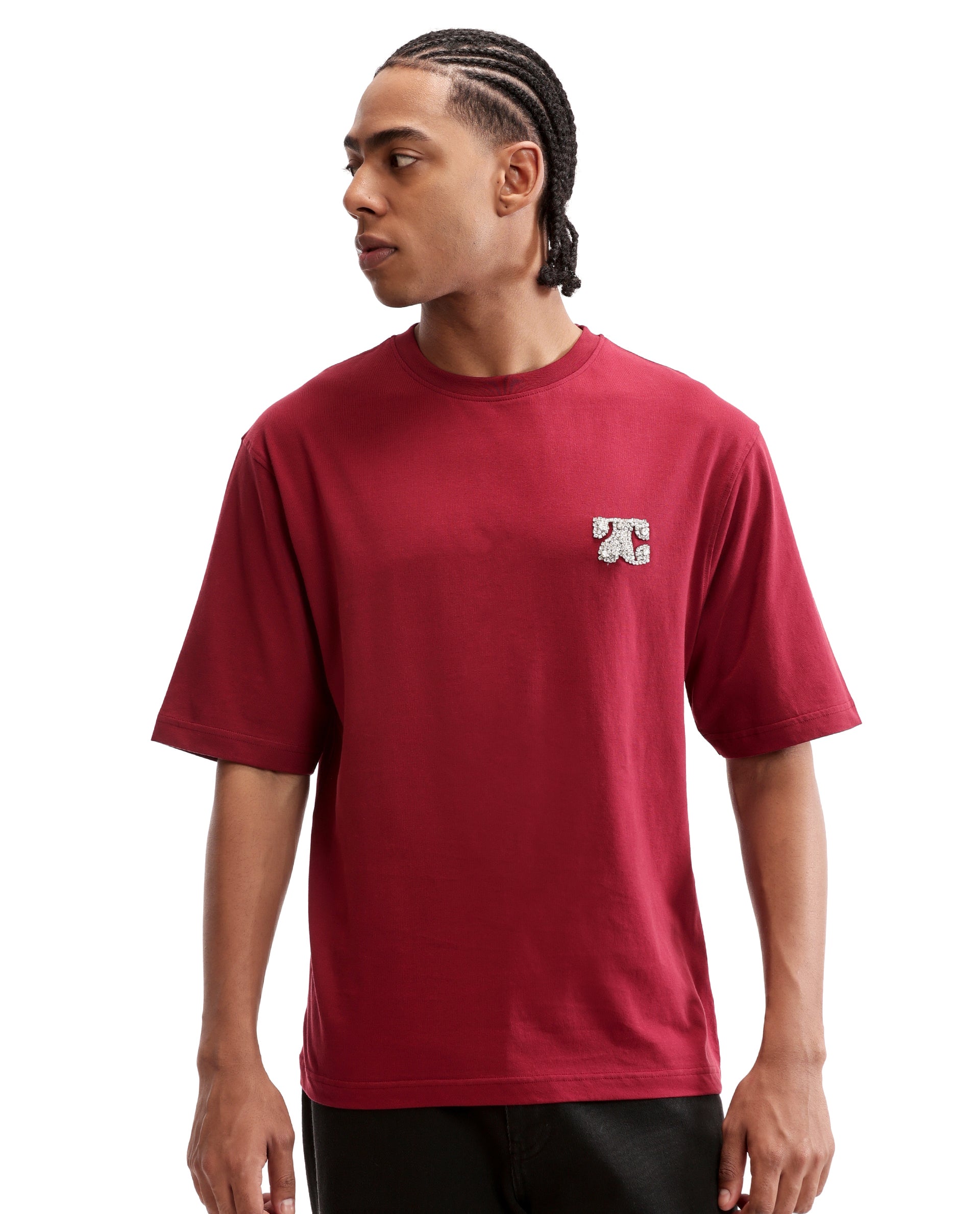 Bordeaux Maroon Single Jersey Crew Neck Oversized T-Shirt with Crystal Finish Rhinestones