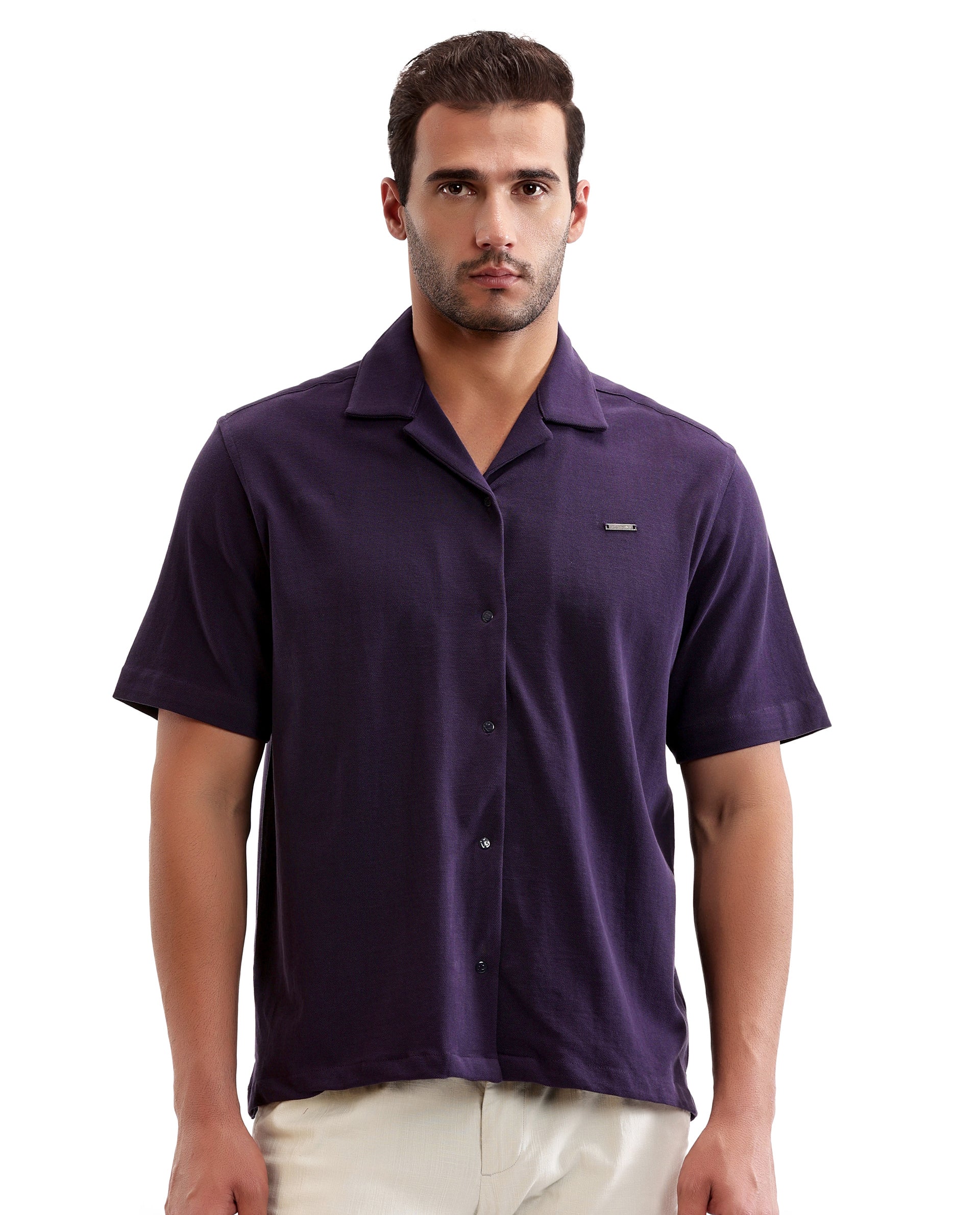 Deep Purple Pique Knit Shirt with 7C Engraved Snap Buttons, Gun Metal Badge