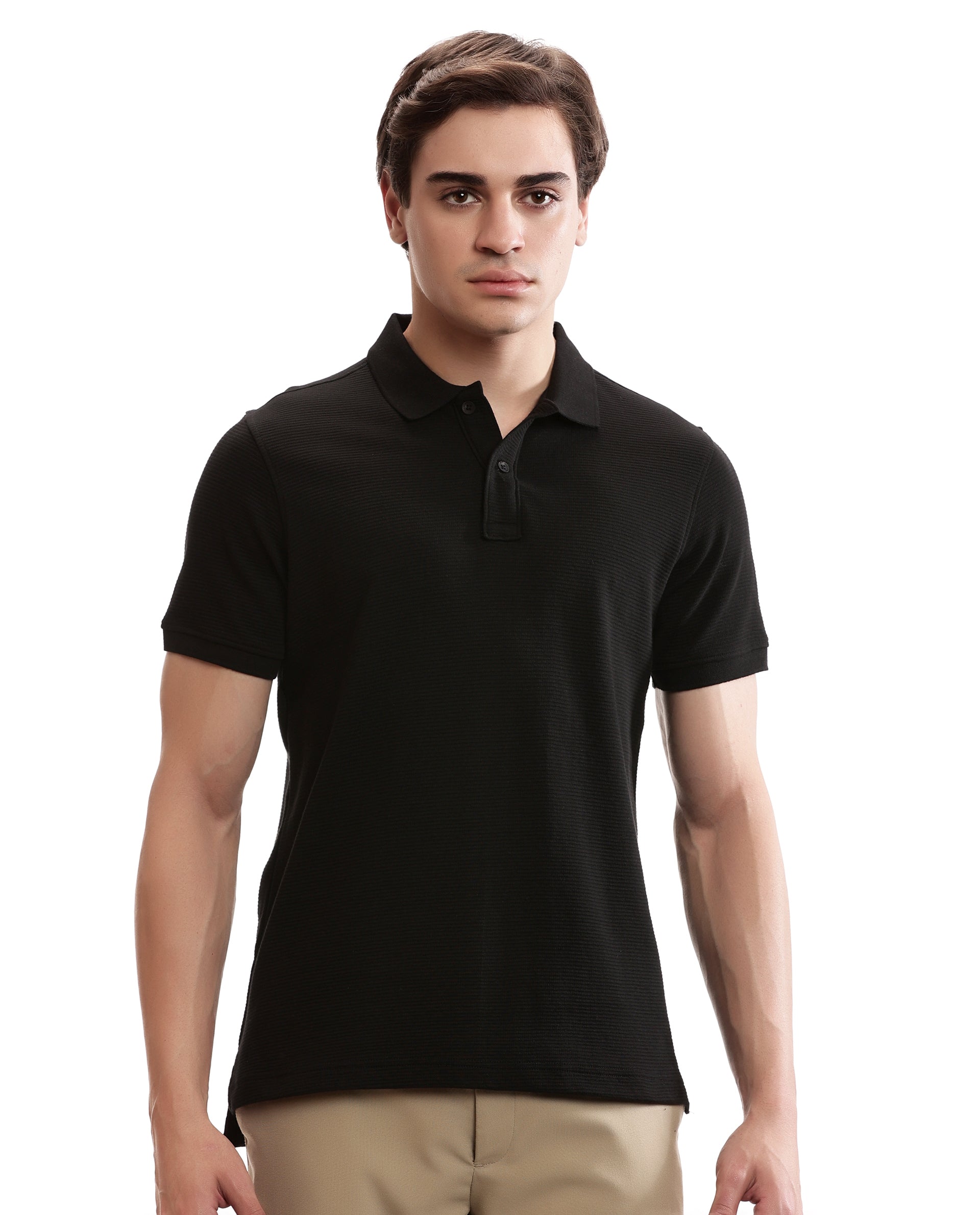 Charcoal Black Knitted Ottoman Polo with Ribbed Collar
