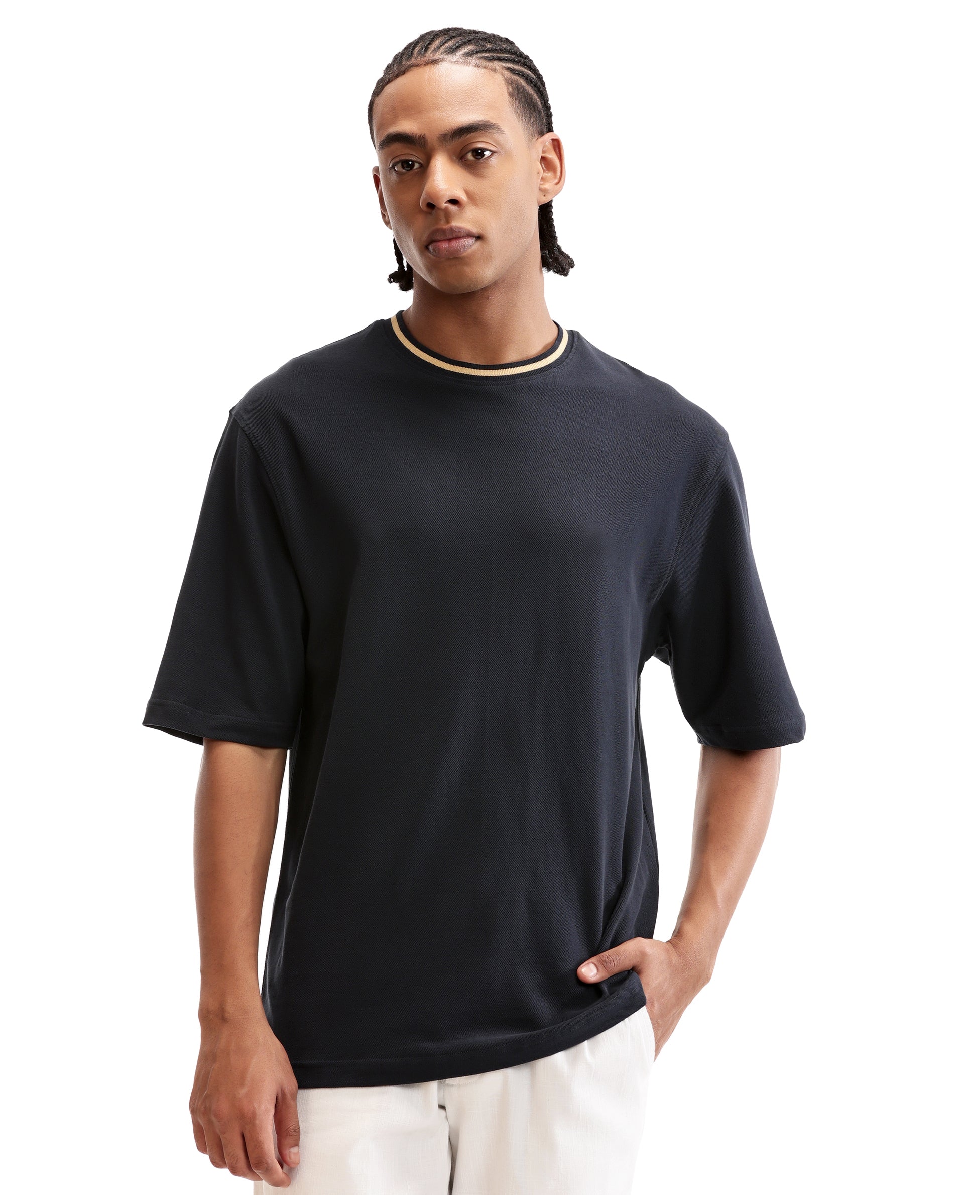 Midnight Navy Blue Pique Crew Neck Oversized T-Shirt with Camel Beige Piping