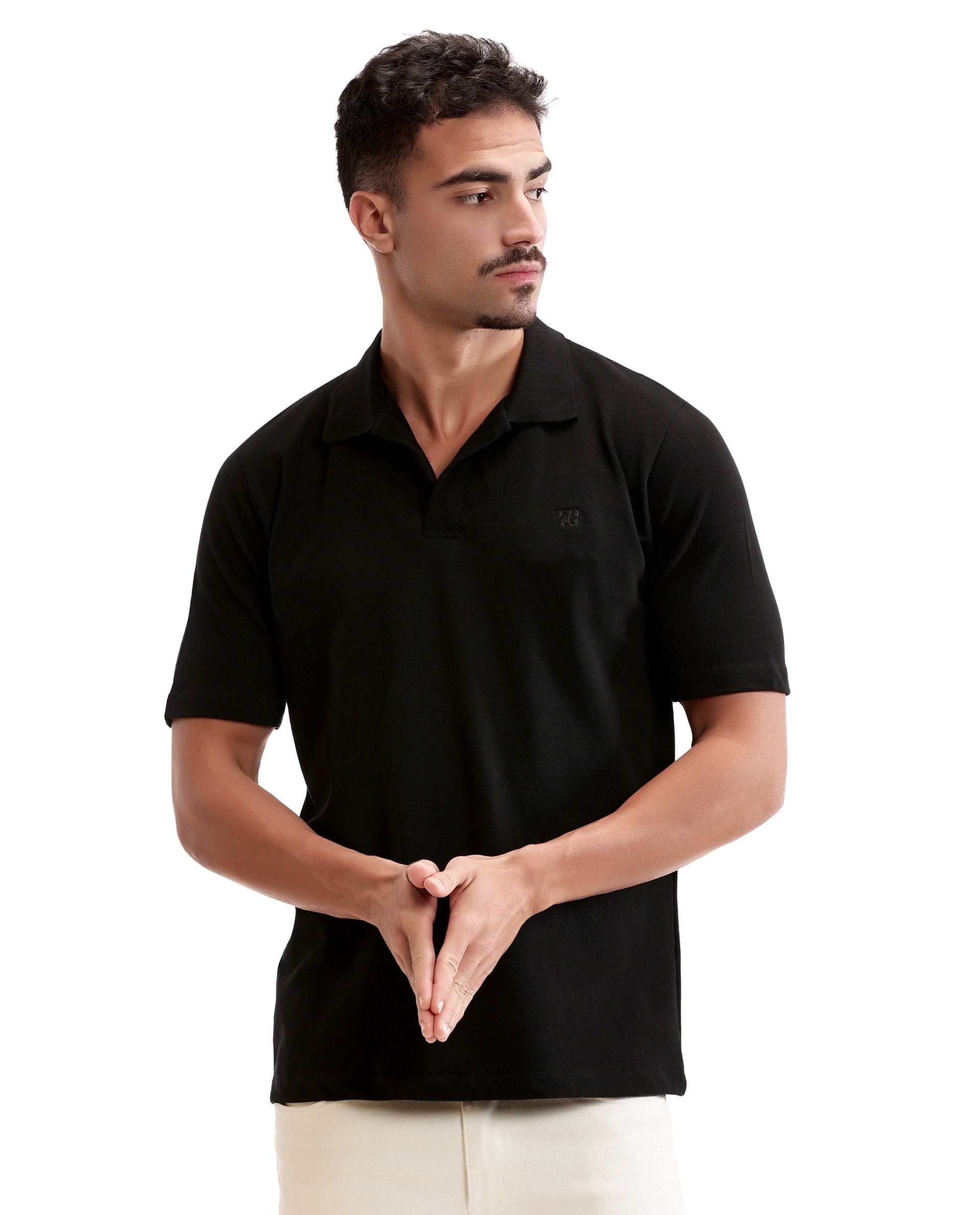 Charcoal Black Johnny Collar Pique Polo with Tone-on-Tone 7C Embroidery