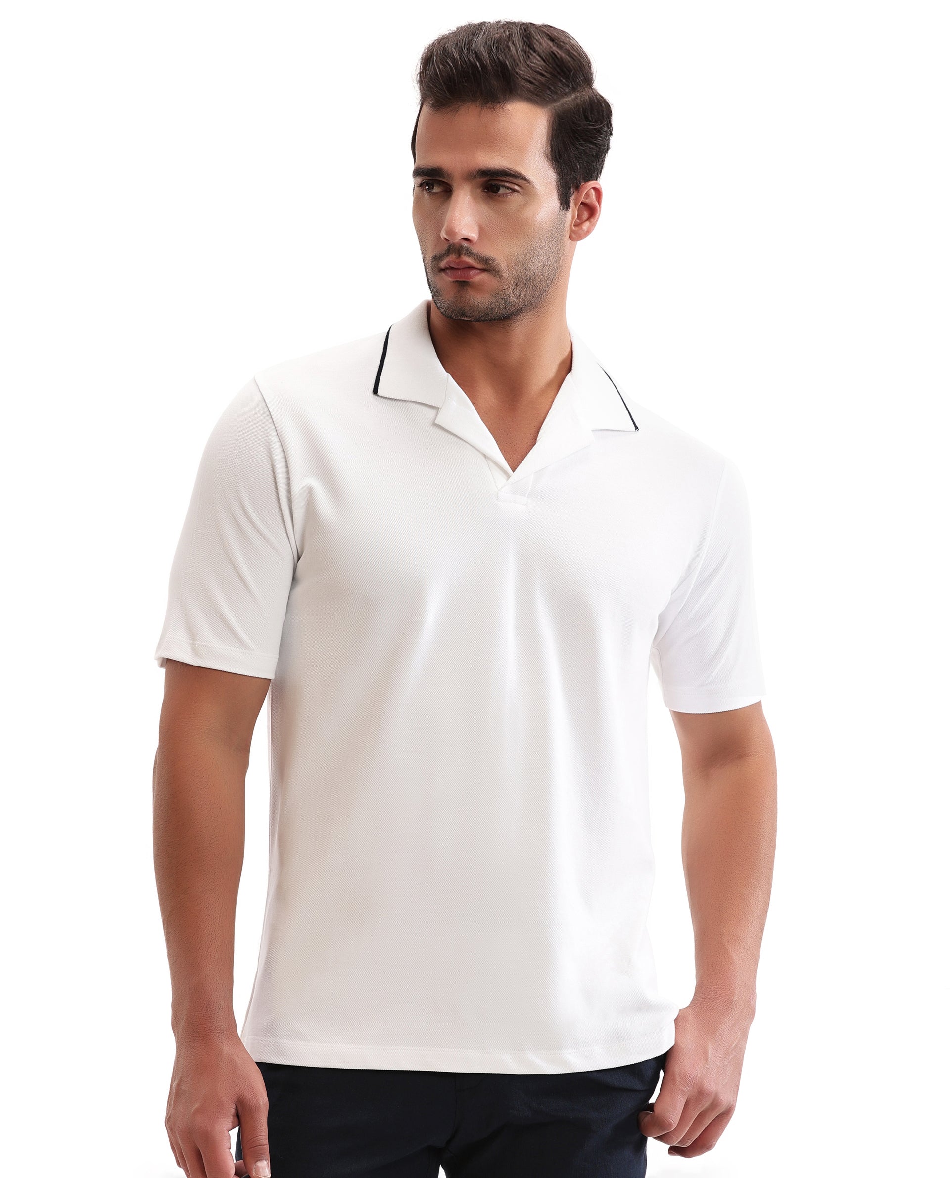 Pure White Johnny Collar Pique Polo with Midnight Navy Blue Collar Piping