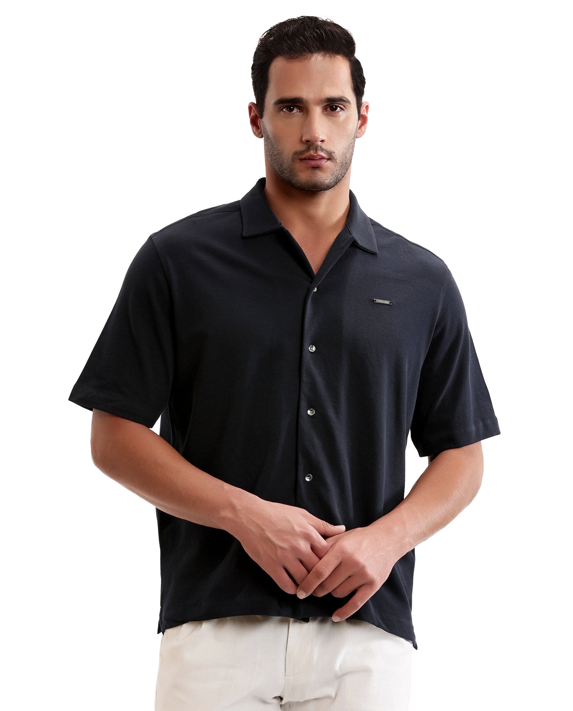 Midnight Navy Blue Pique Knit Shirt with 7C Metal Buttons, Gun Metal Badge