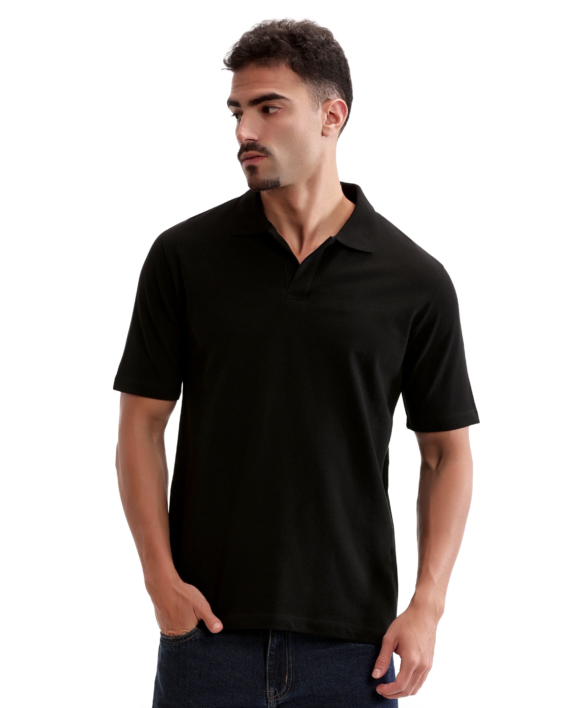 Charcoal Black Pique Johnny Collar Polo