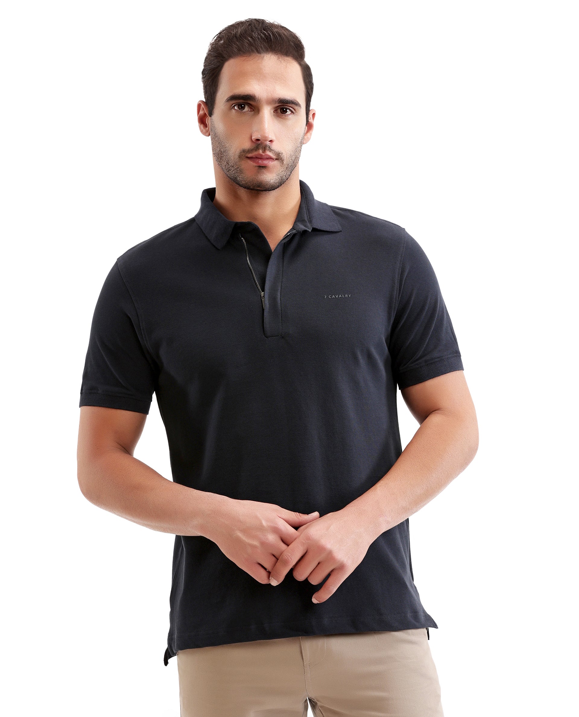 Midnight Navy Blue Pique Polo with Concealed 7C Metal Zip, HD Print