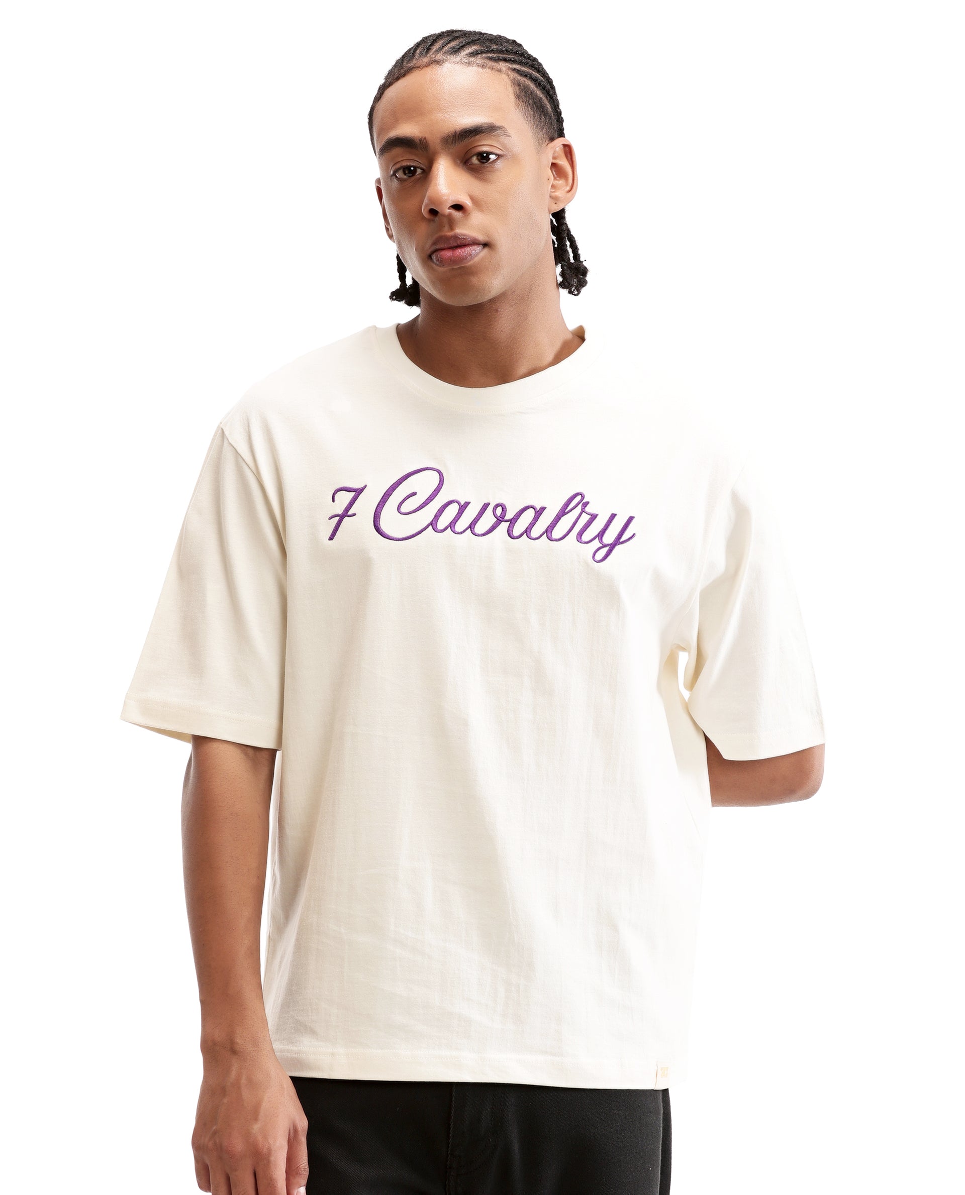 Ivory White Single Jersey Crew Neck Oversized T-Shirt with Deep Purple Embroidery