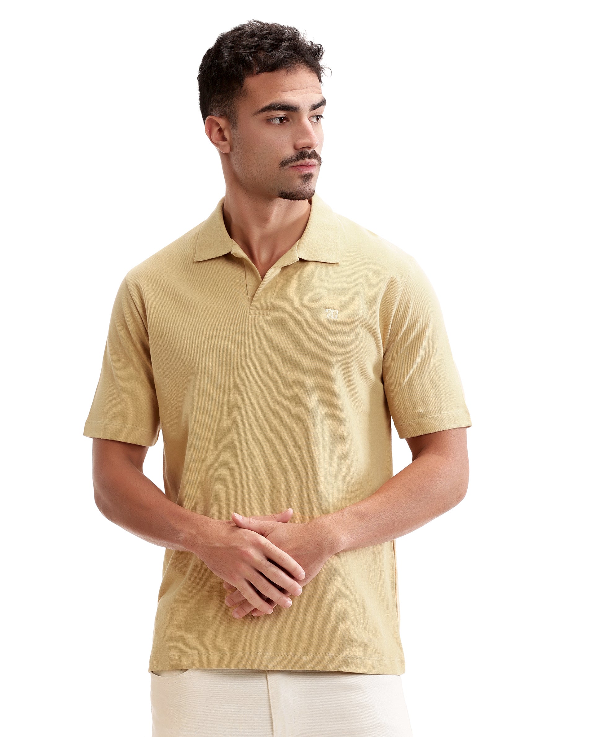 Camel Beige Johnny Collar Pique Polo with Tone-on-Tone 7C Embroidery