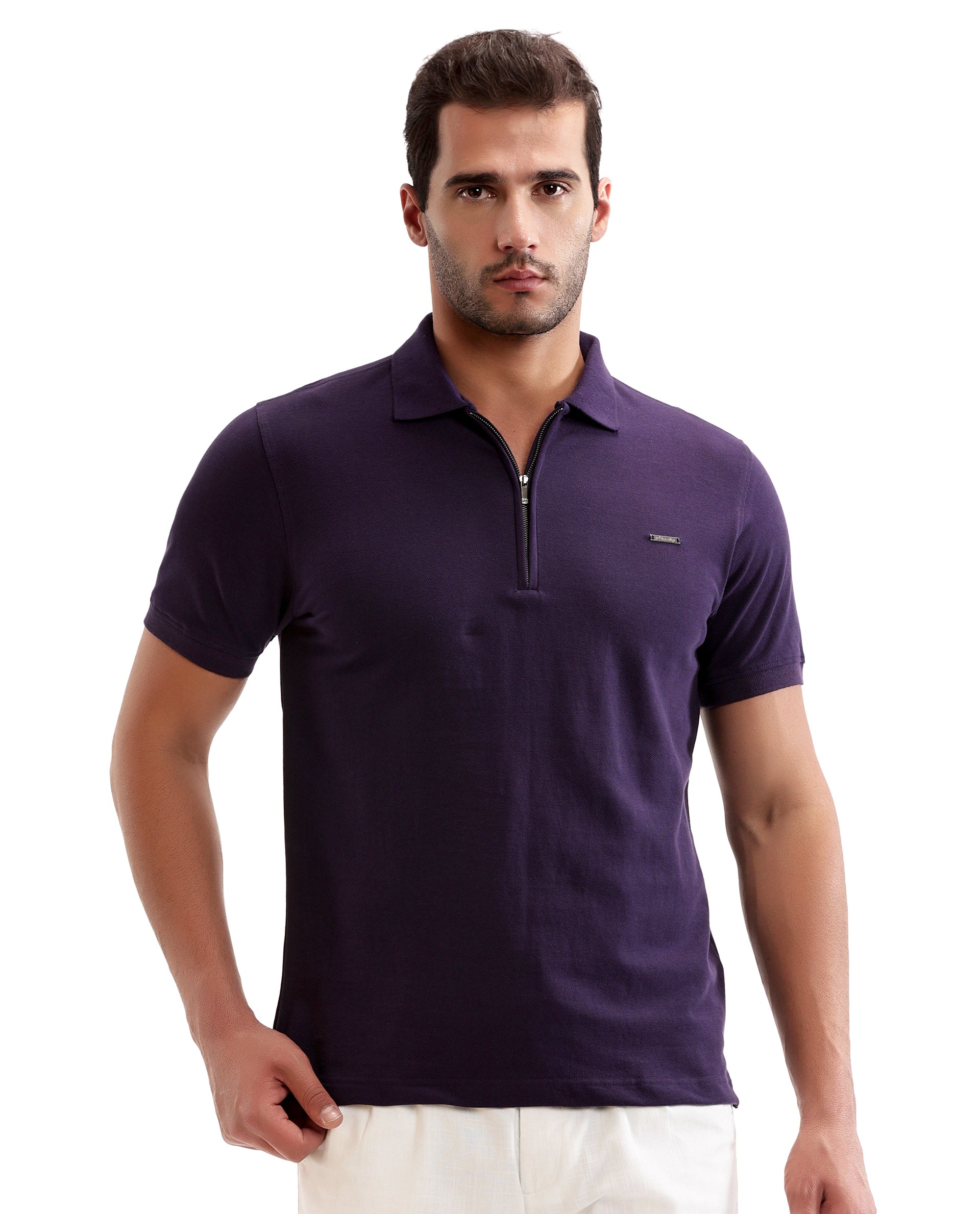 Deep Purple Pique Polo with 7C Metal Zip, Metal Badge