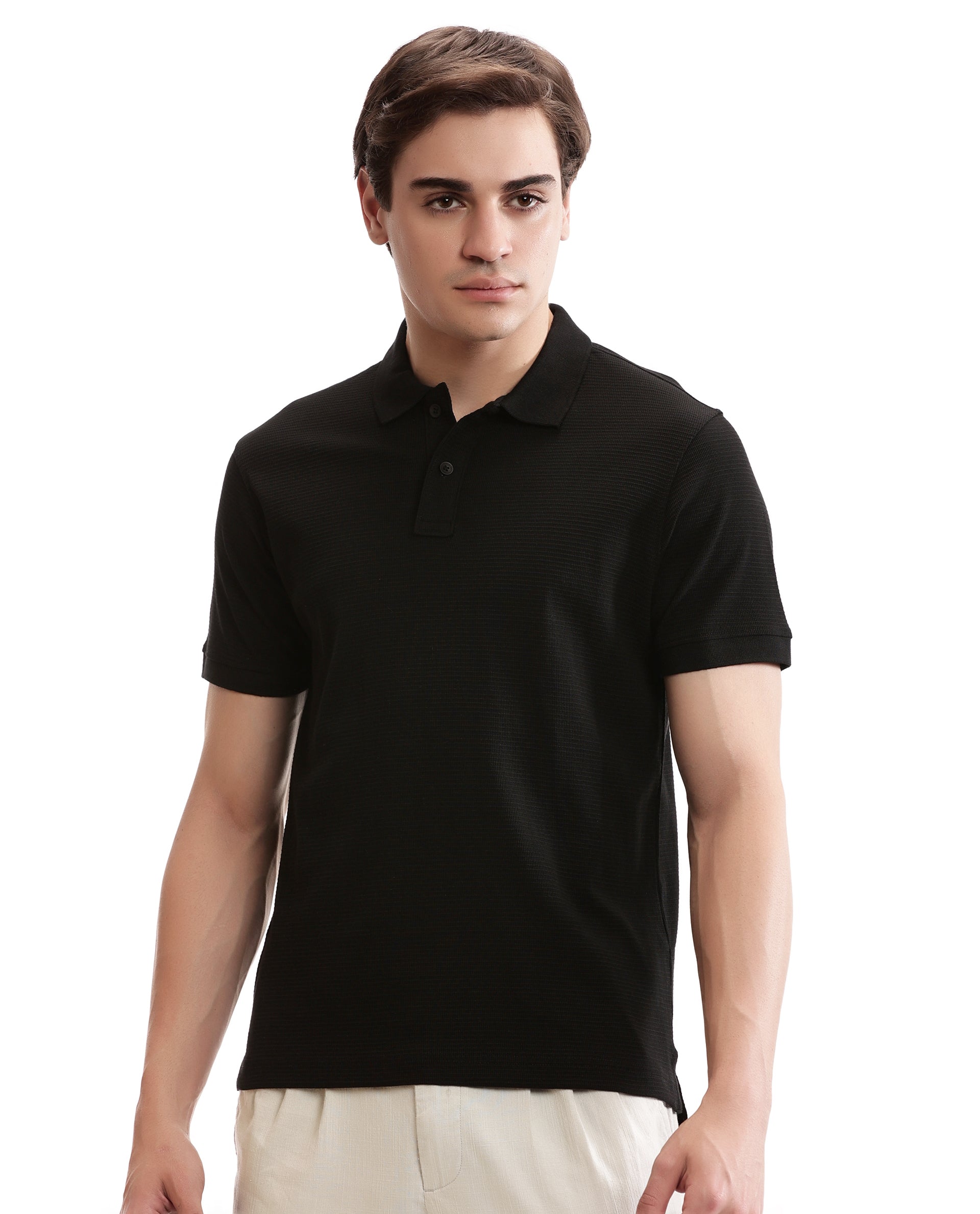 Charcoal Black Knitted Waffle Polo with Ribbed Collar