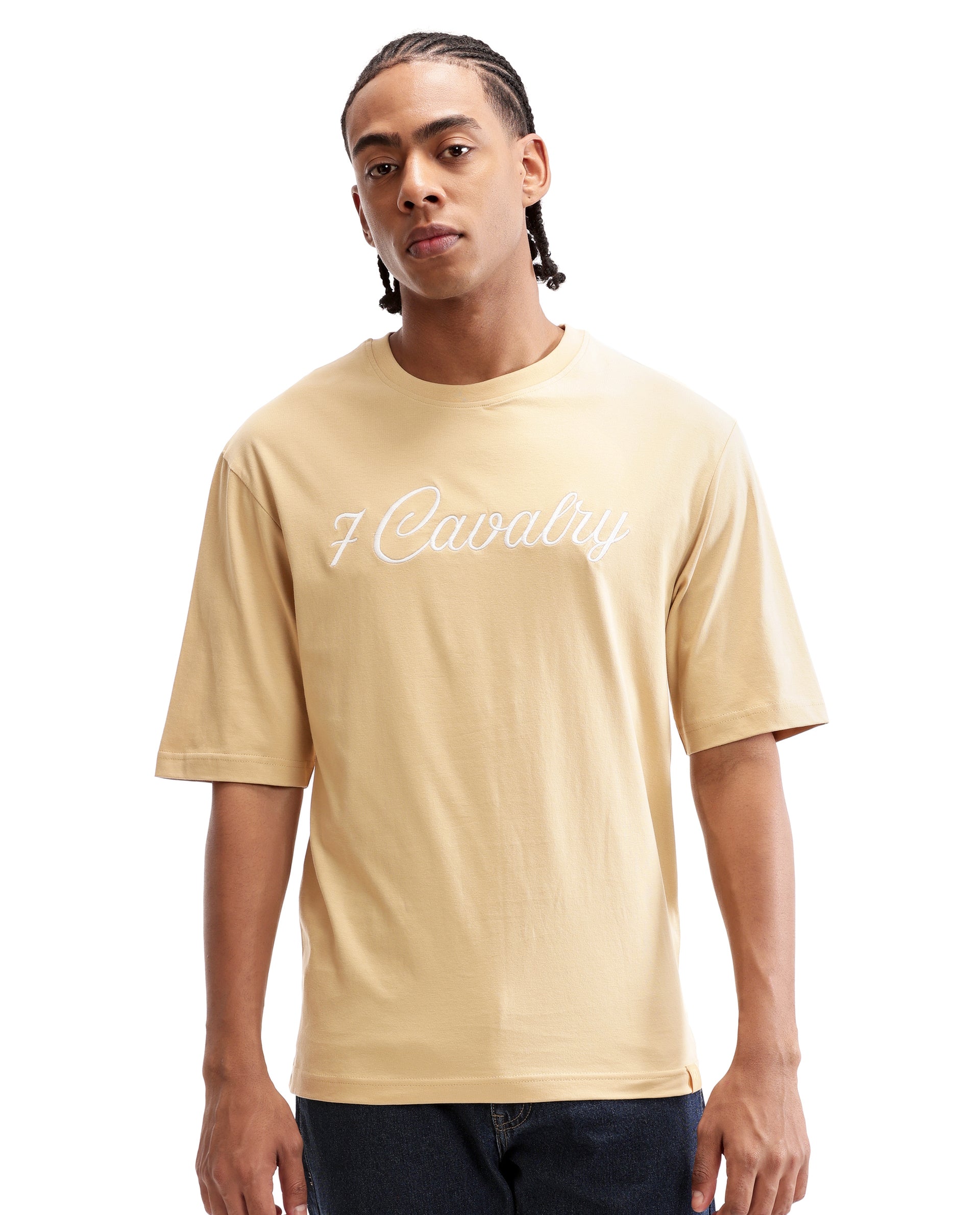 Camel Beige Single Jersey Crew Neck Oversized T-Shirt with Pure White Embroidery
