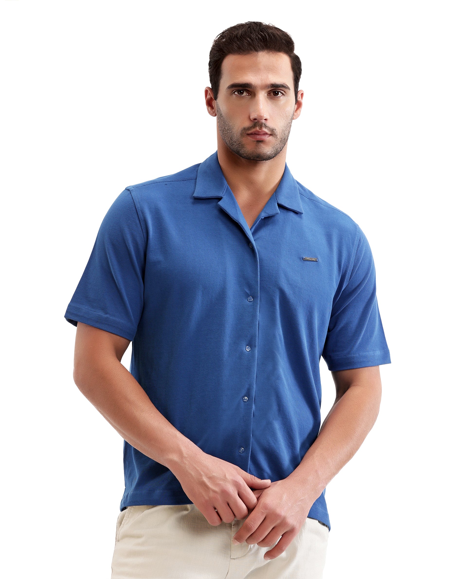 Imperial Prussian Blue Pique Knit Shirt with 7C Engraved Snap Buttons, Gun Metal Badge