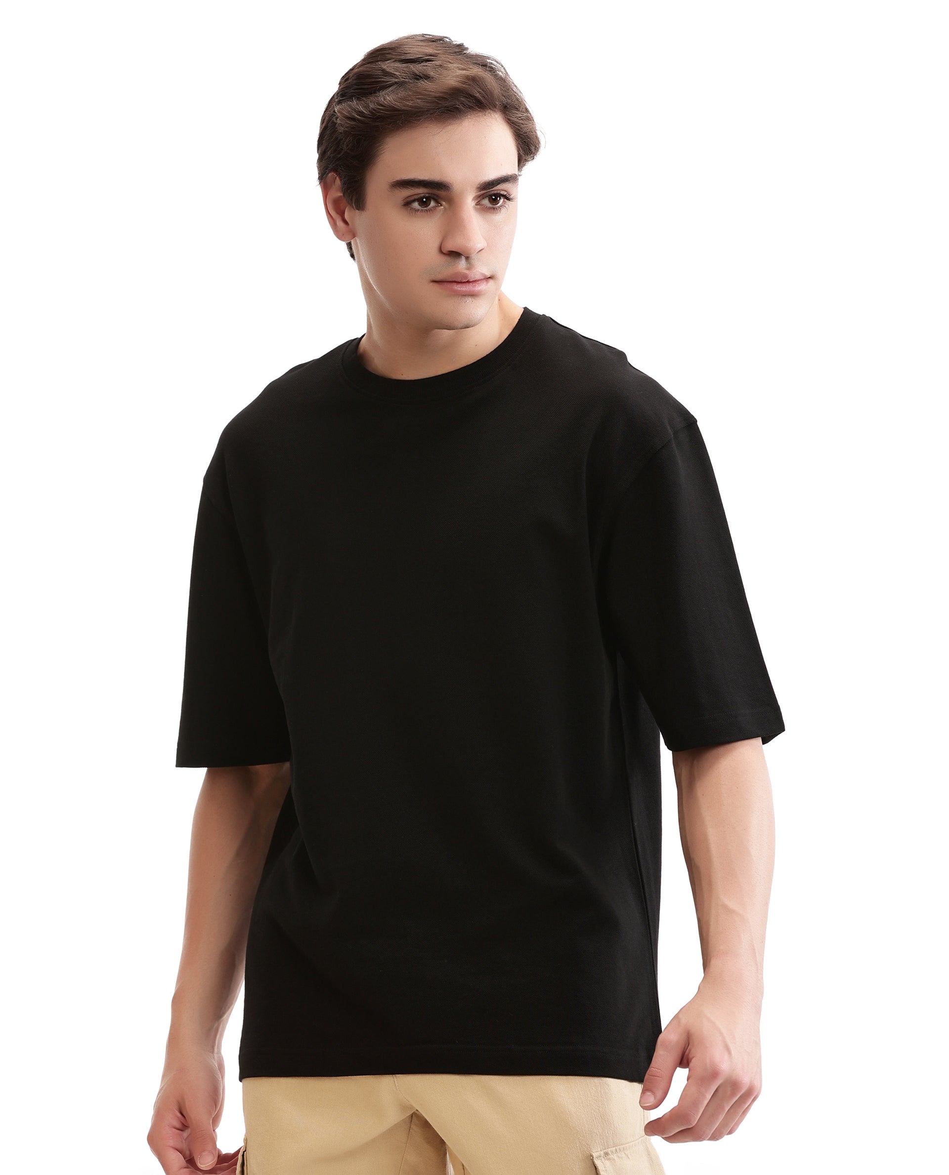 Charcoal Black Pique Crew Neck Oversized T-Shirt