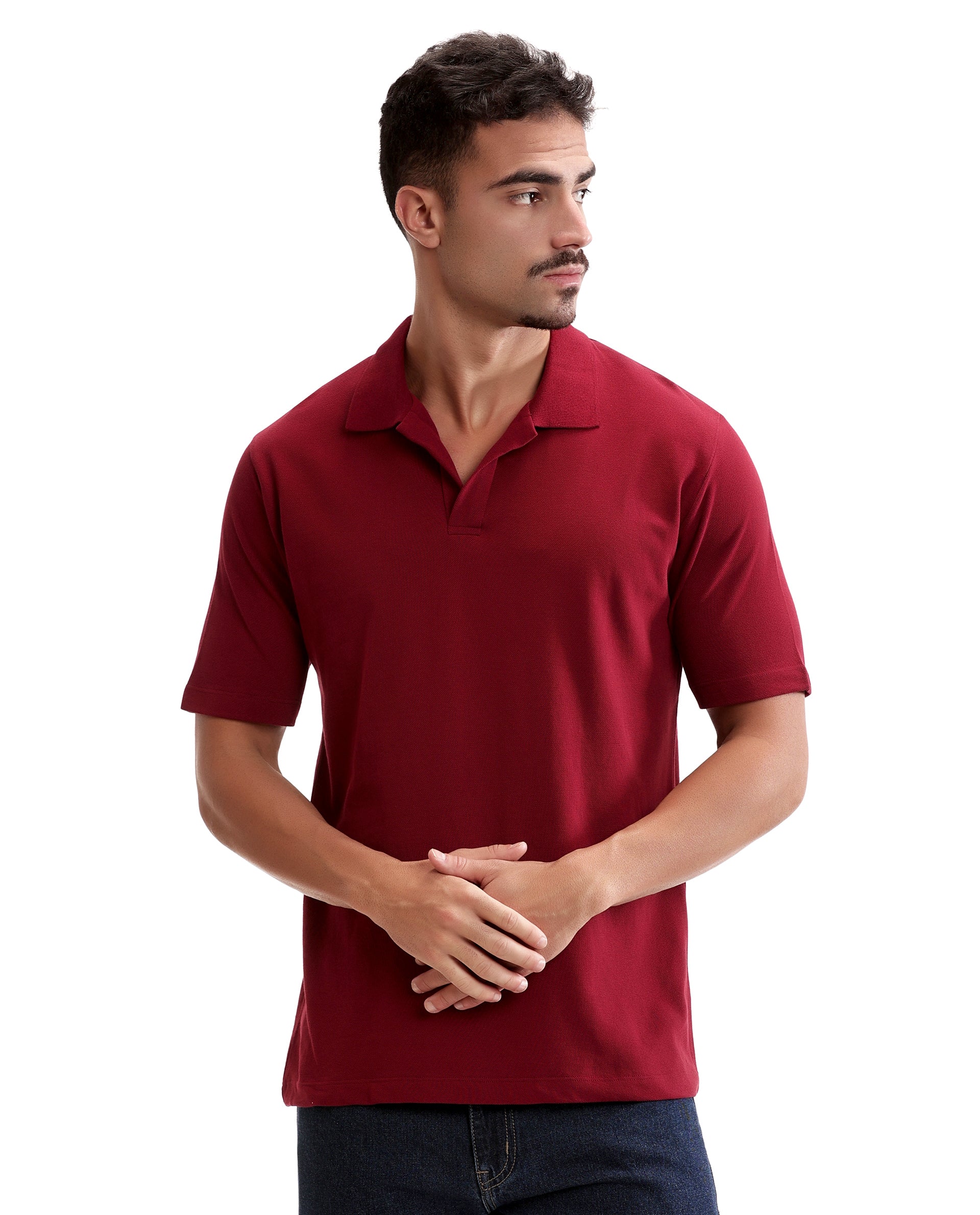 Bordeaux Maroon Pique Johnny Collar Polo