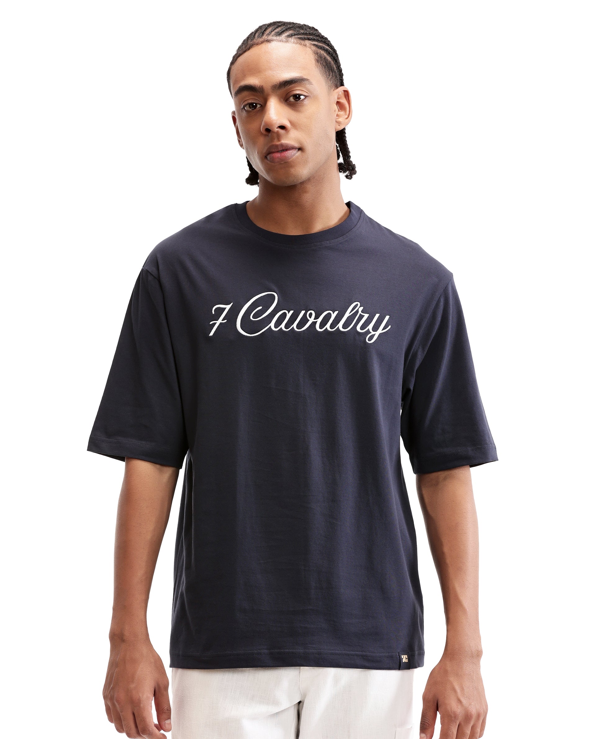 Midnight Navy Blue Single Jersey Crew Neck Oversized T-Shirt with Pure White Embroidery