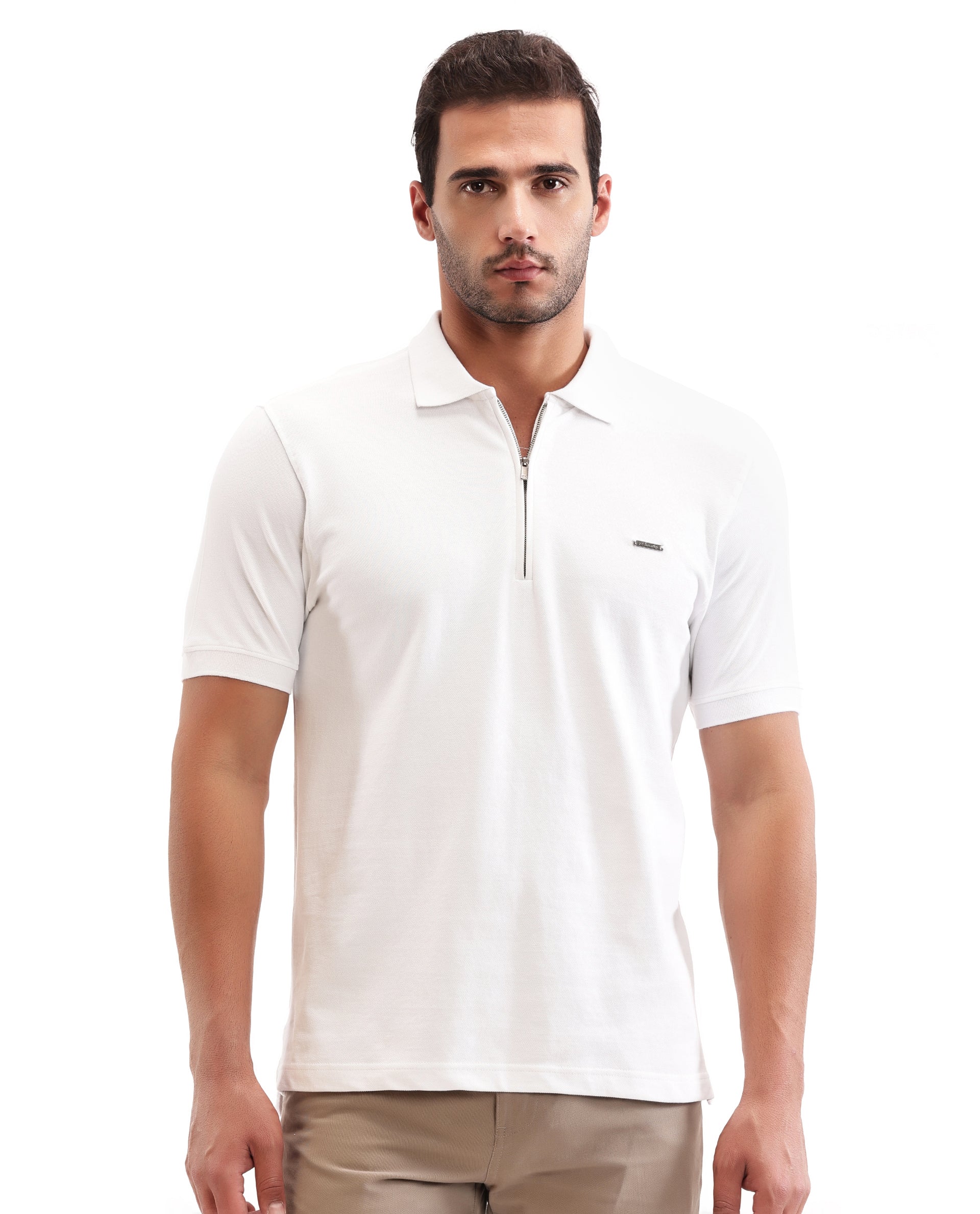 Pure White Pique Polo with 7C Metal Zip, Metal Badge