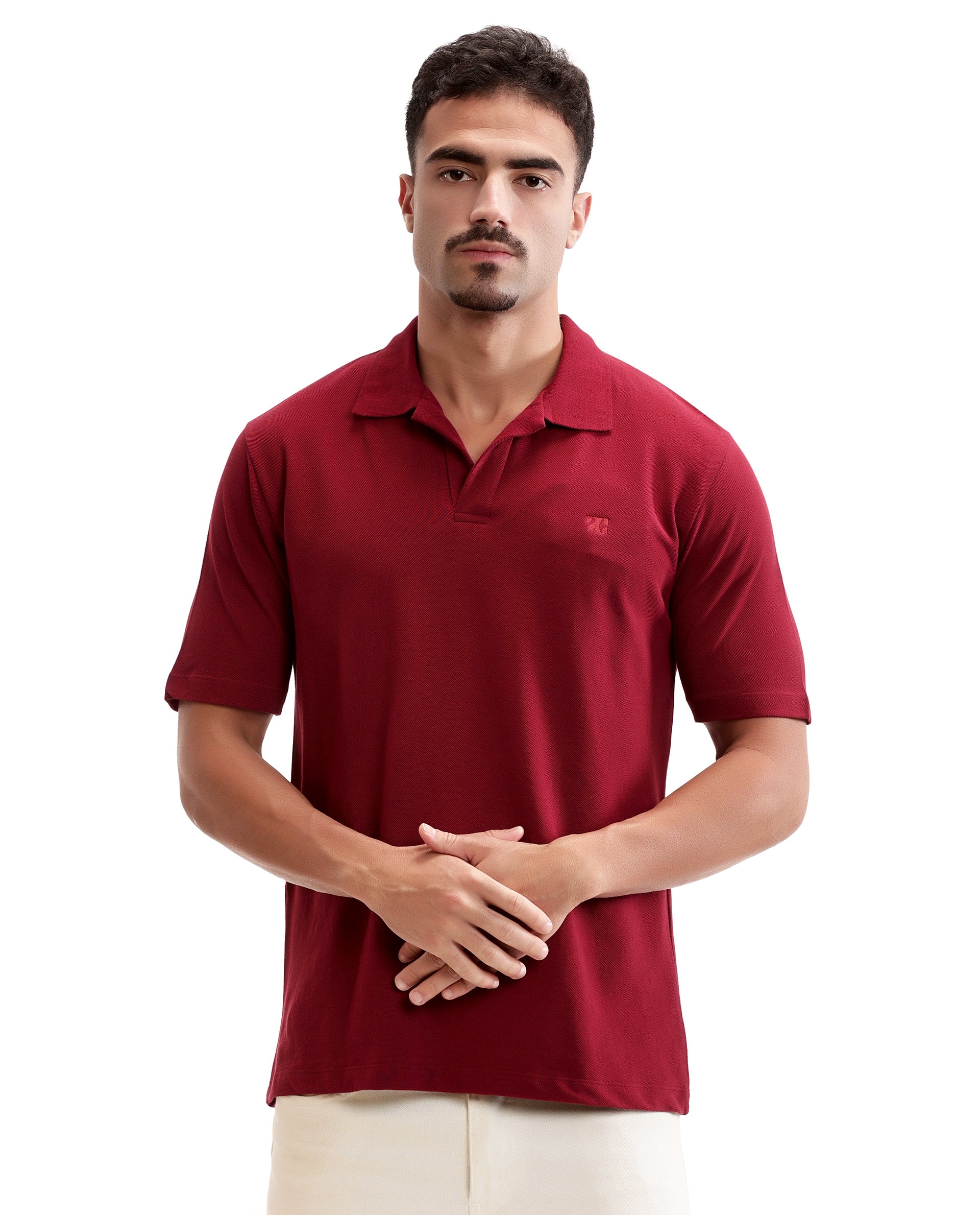 Bordeaux Maroon Johnny Collar Pique Polo with Tone-on-Tone 7C Embroidery