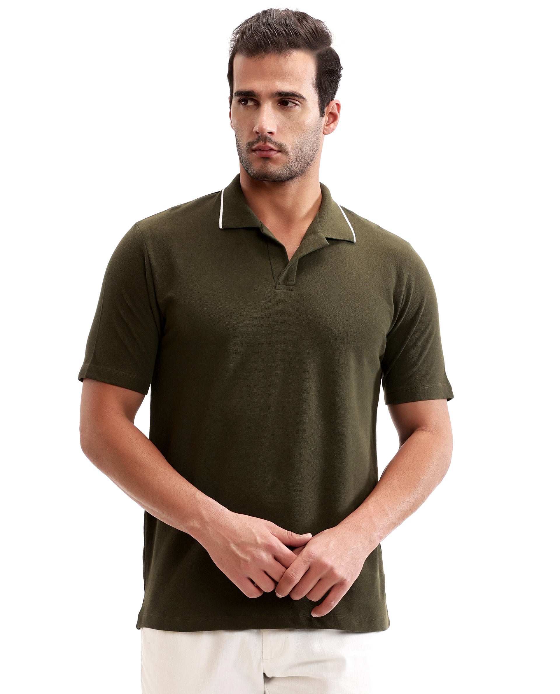 Vintage Olive Johnny Collar Pique Polo with White Collar Piping