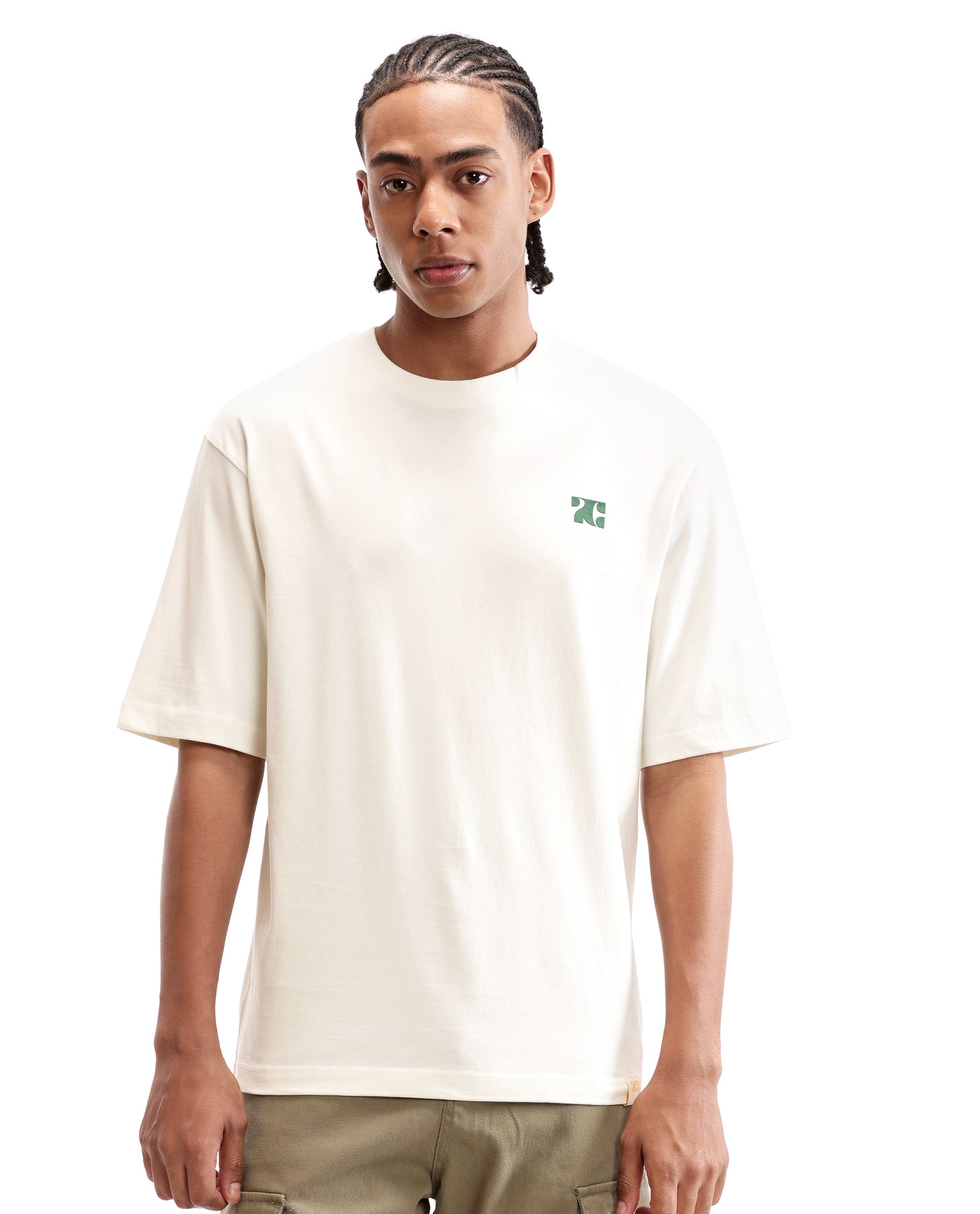 Ivory White Single Jersey Crew Neck Oversized T-Shirt with Deep Forest Green HD Print