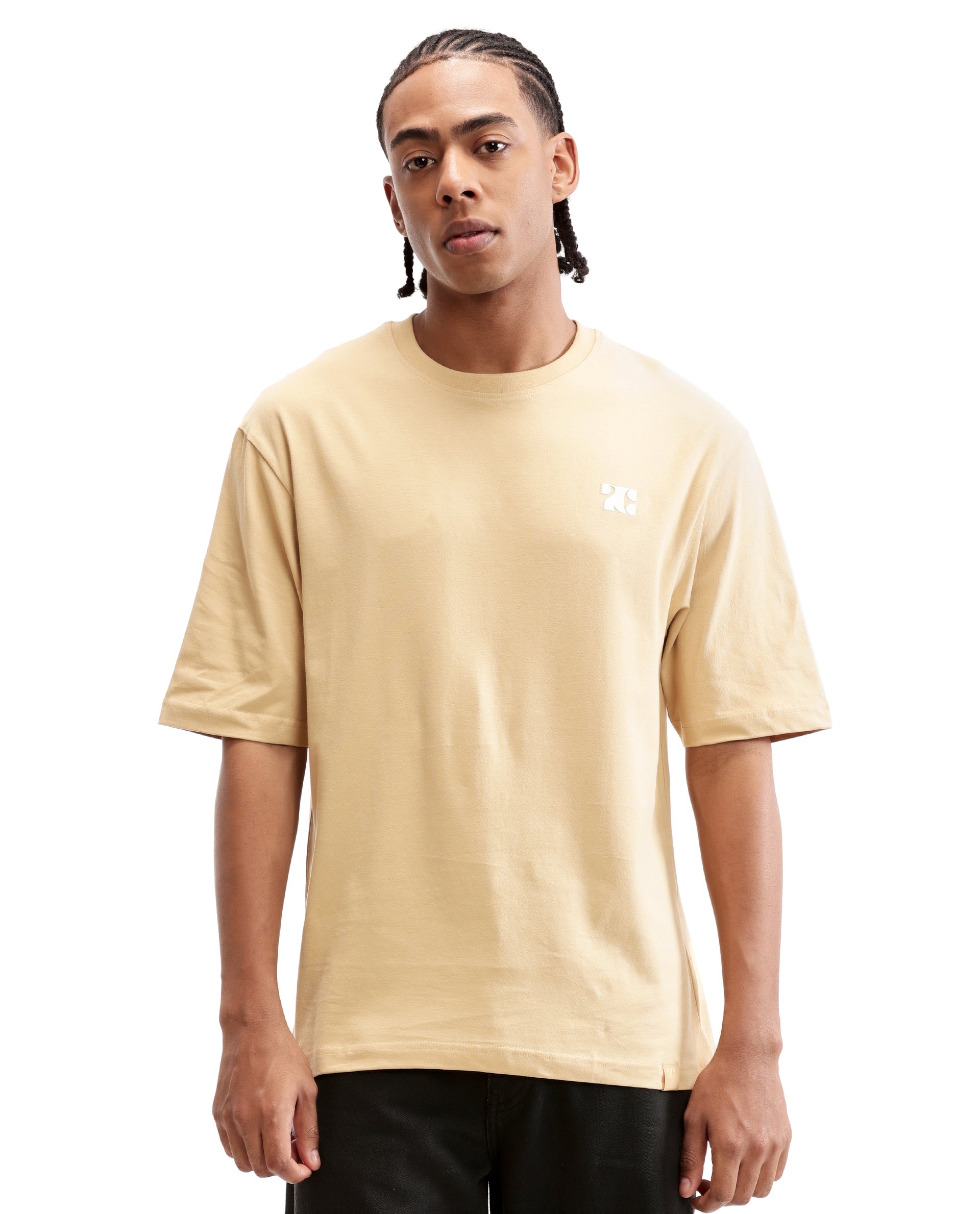 Camel Beige Single Jersey Crew Neck Oversized T-Shirt with Pure White HD Print