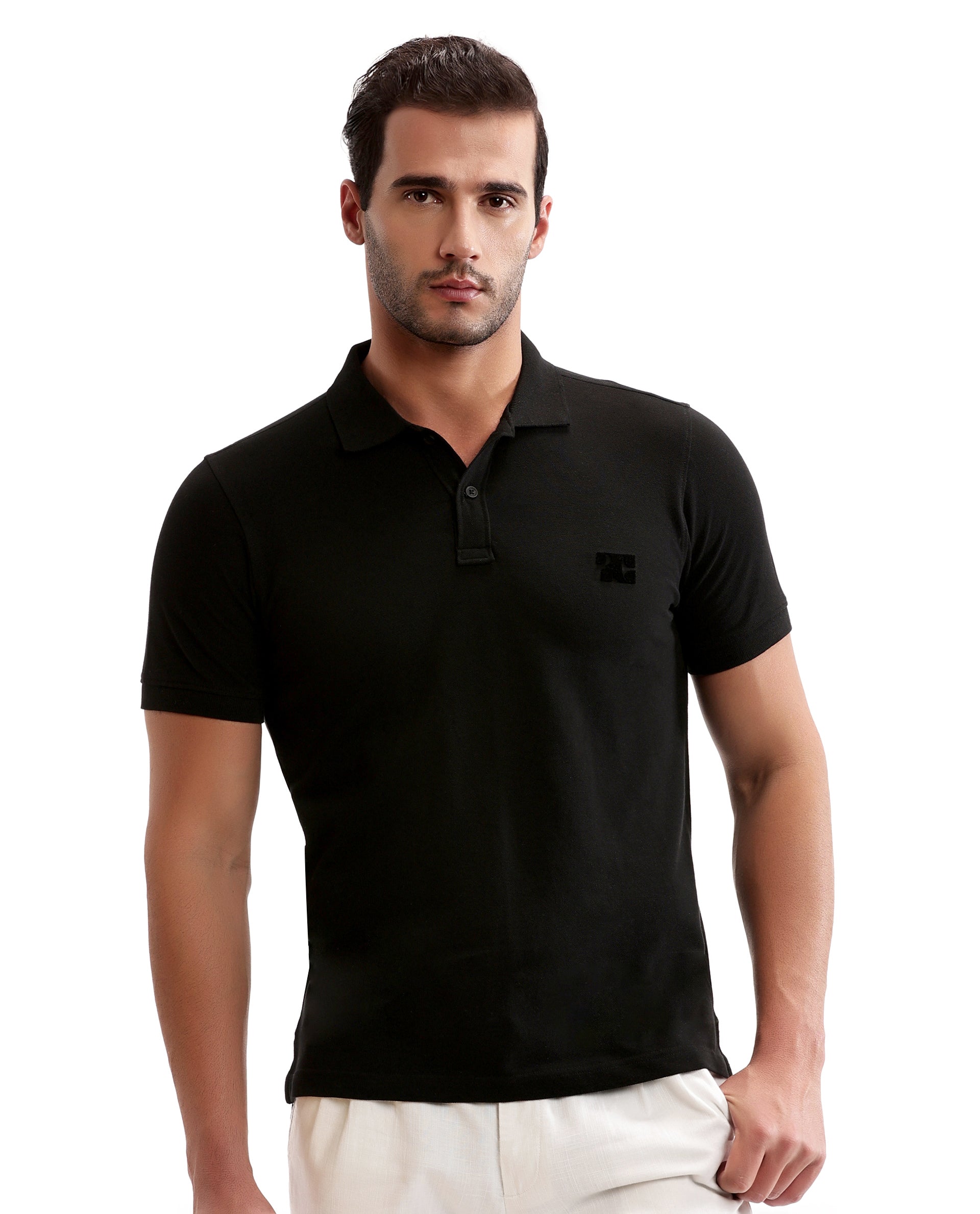 Charcoal Black Pique Polo with Tufted Embroidery