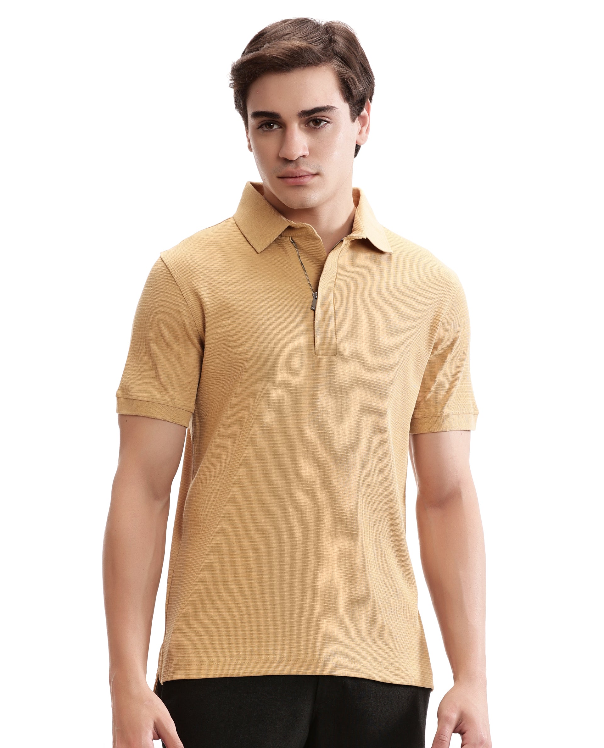 Camel Beige Knitted Waffle Polo with 7C Metal Zip