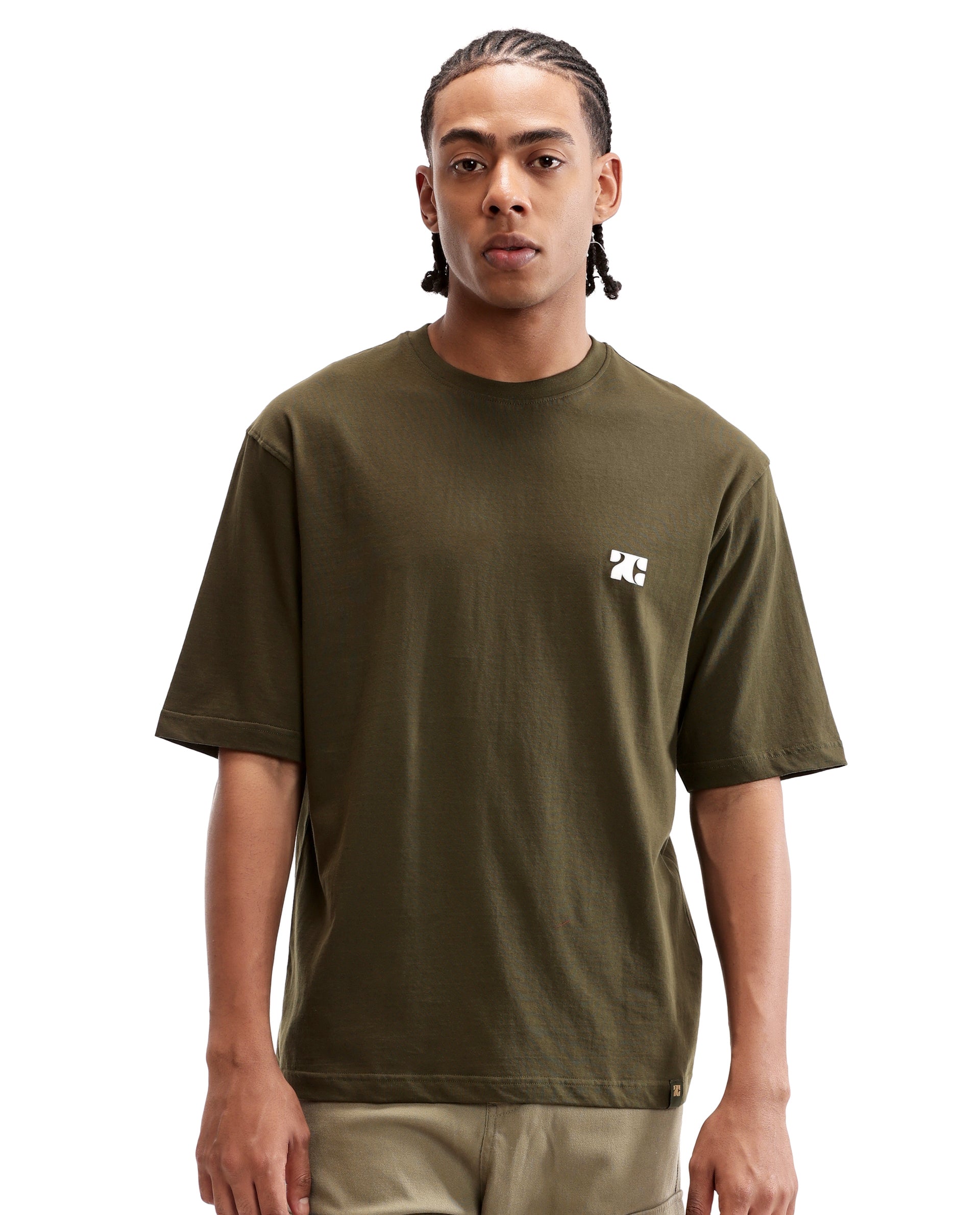 Vintage Olive Single Jersey Crew Neck Oversized T-Shirt with Pure White HD Print