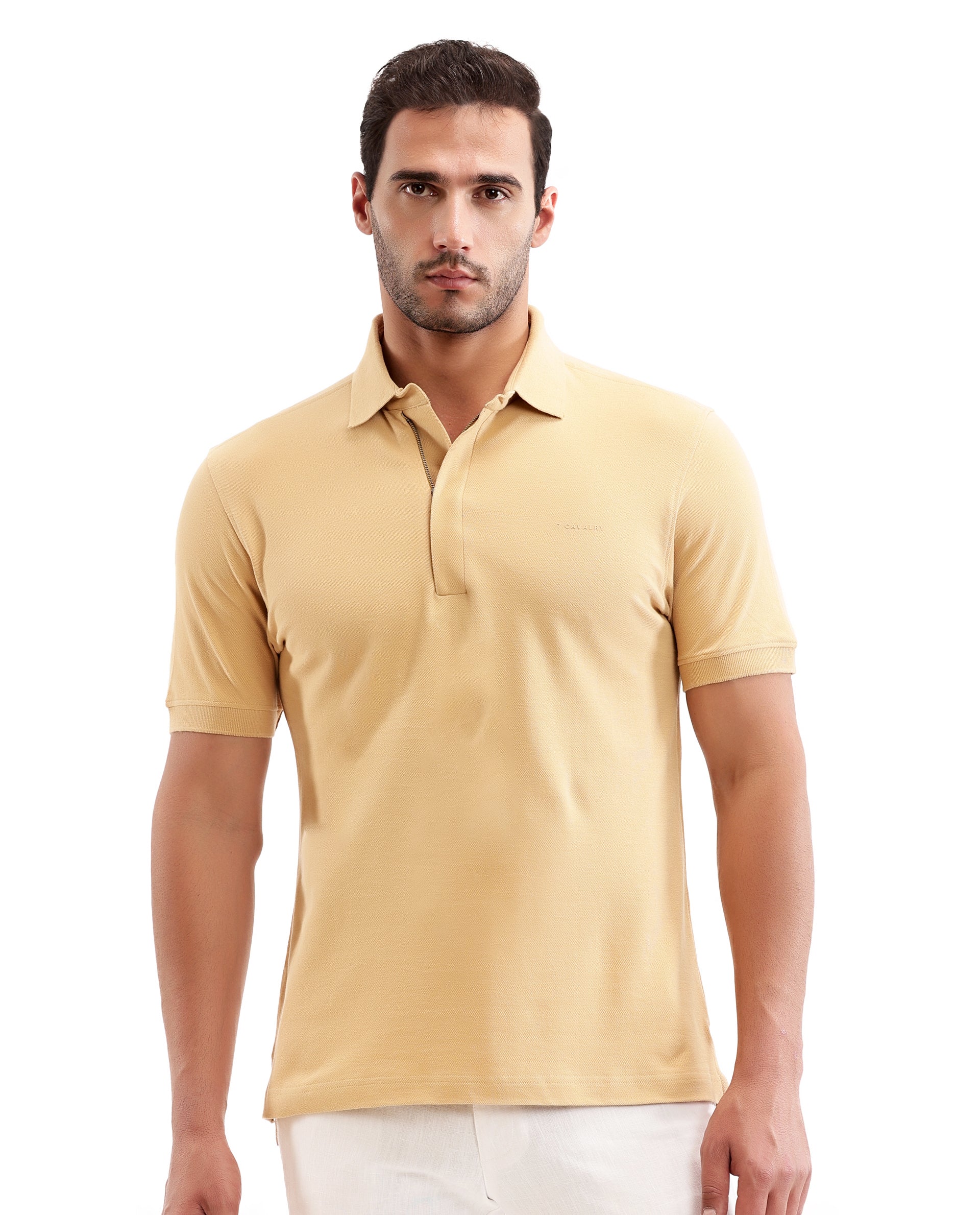 Camel Beige Solid Polo with Concealed 7C Metal Zip, HD Print
