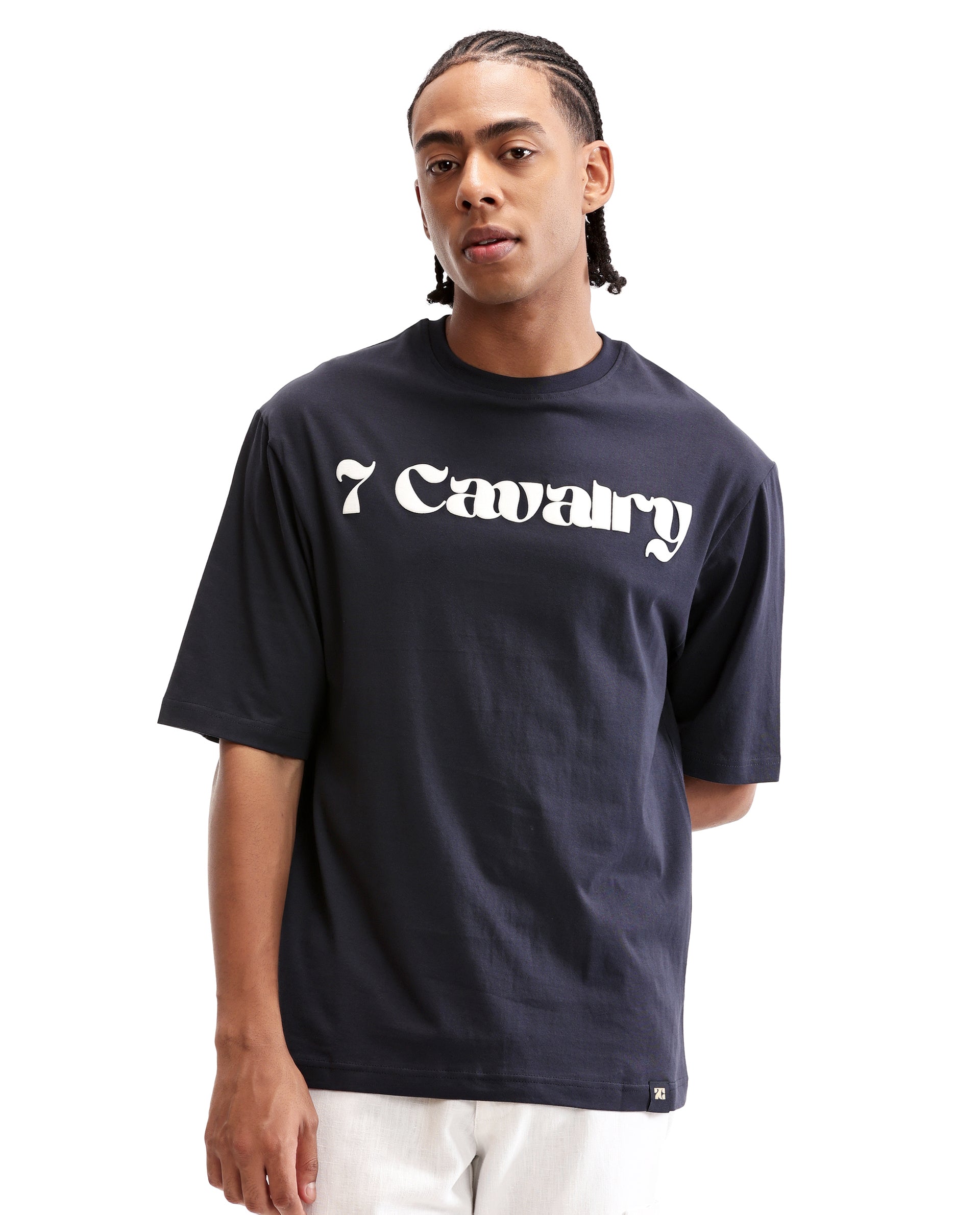 Midnight Navy Blue Single Jersey Crew Neck Oversized T-Shirt with Pure White Puff Print