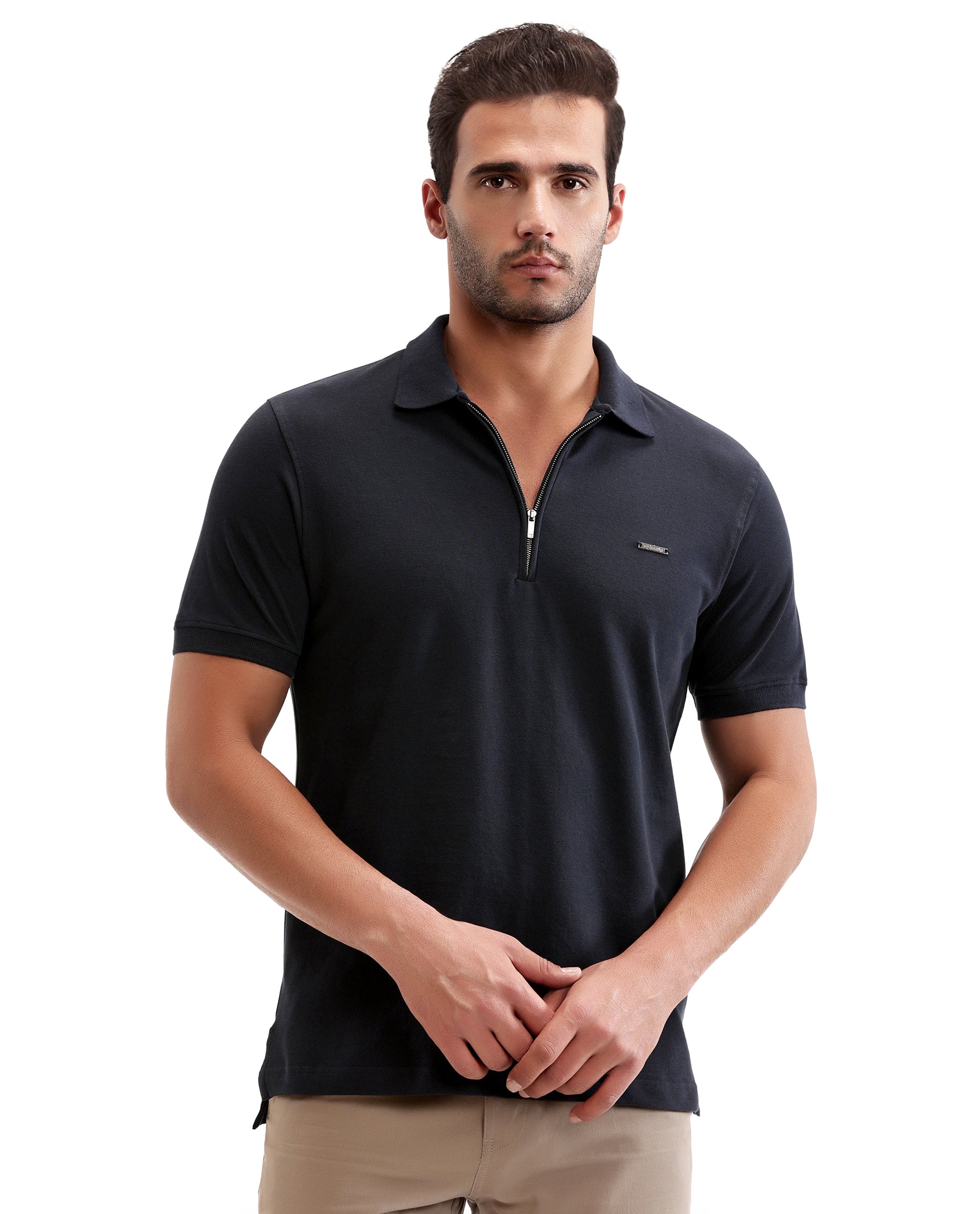 Midnight Navy Blue Pique Polo with 7C Metal Zip, Metal Badge