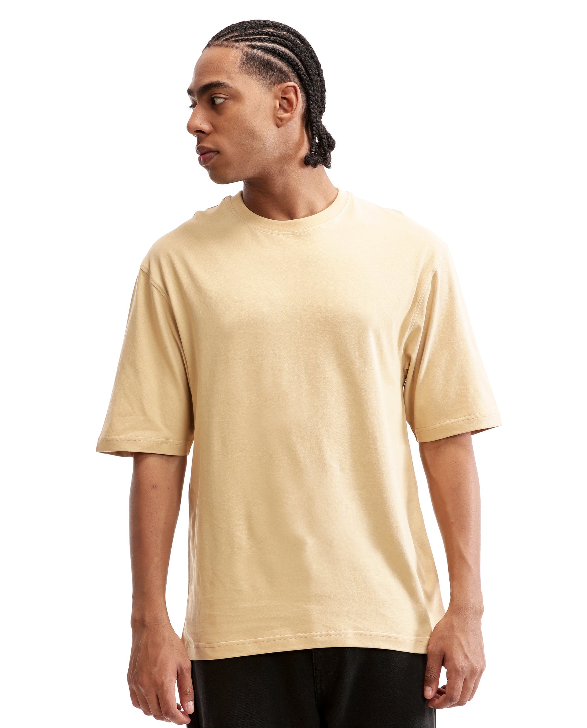Camel Beige Single Jersey Crew Neck Oversized T-Shirt