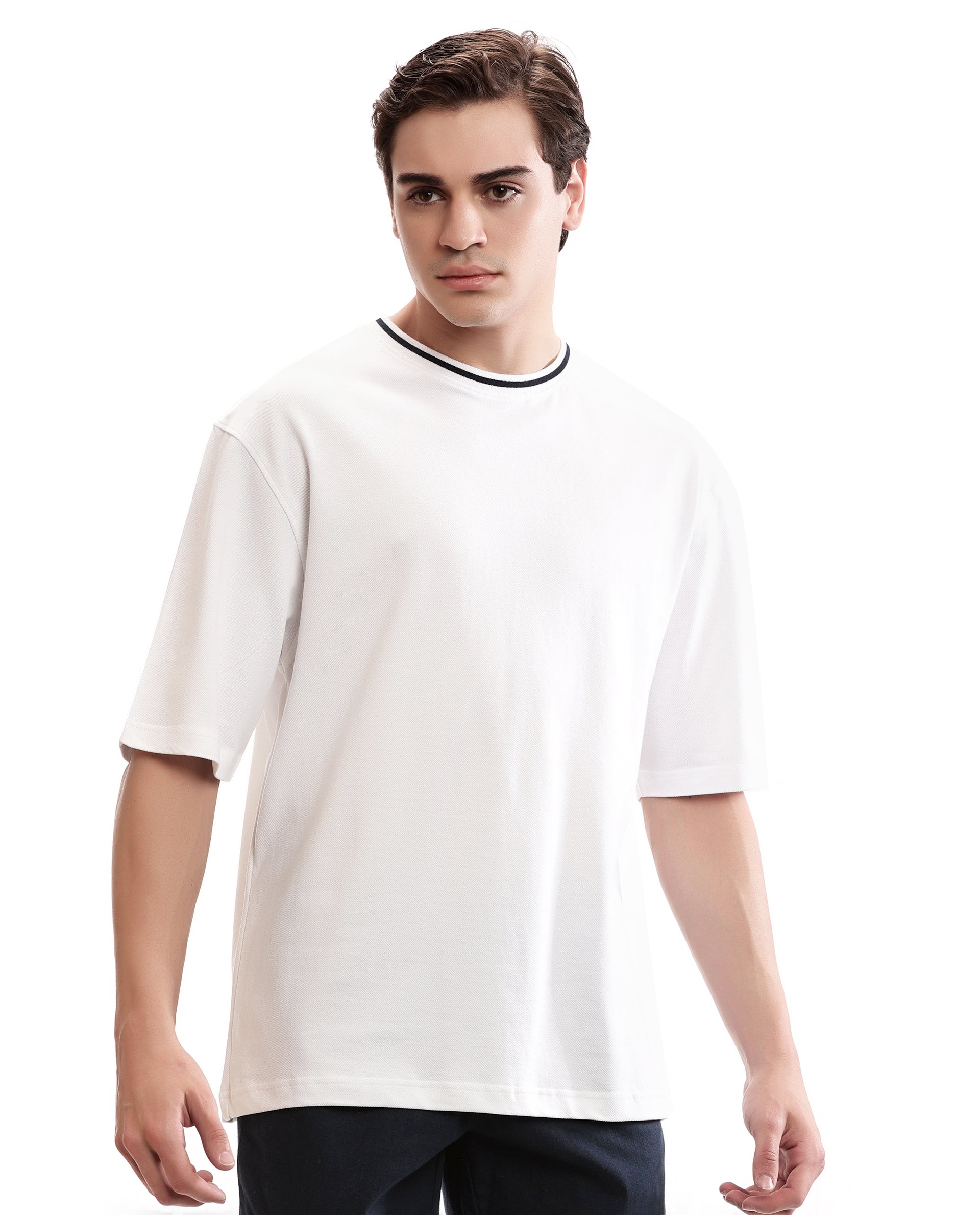 Pure White Pique Crew Neck Oversized T-Shirt with Midnight Navy Blue Piping
