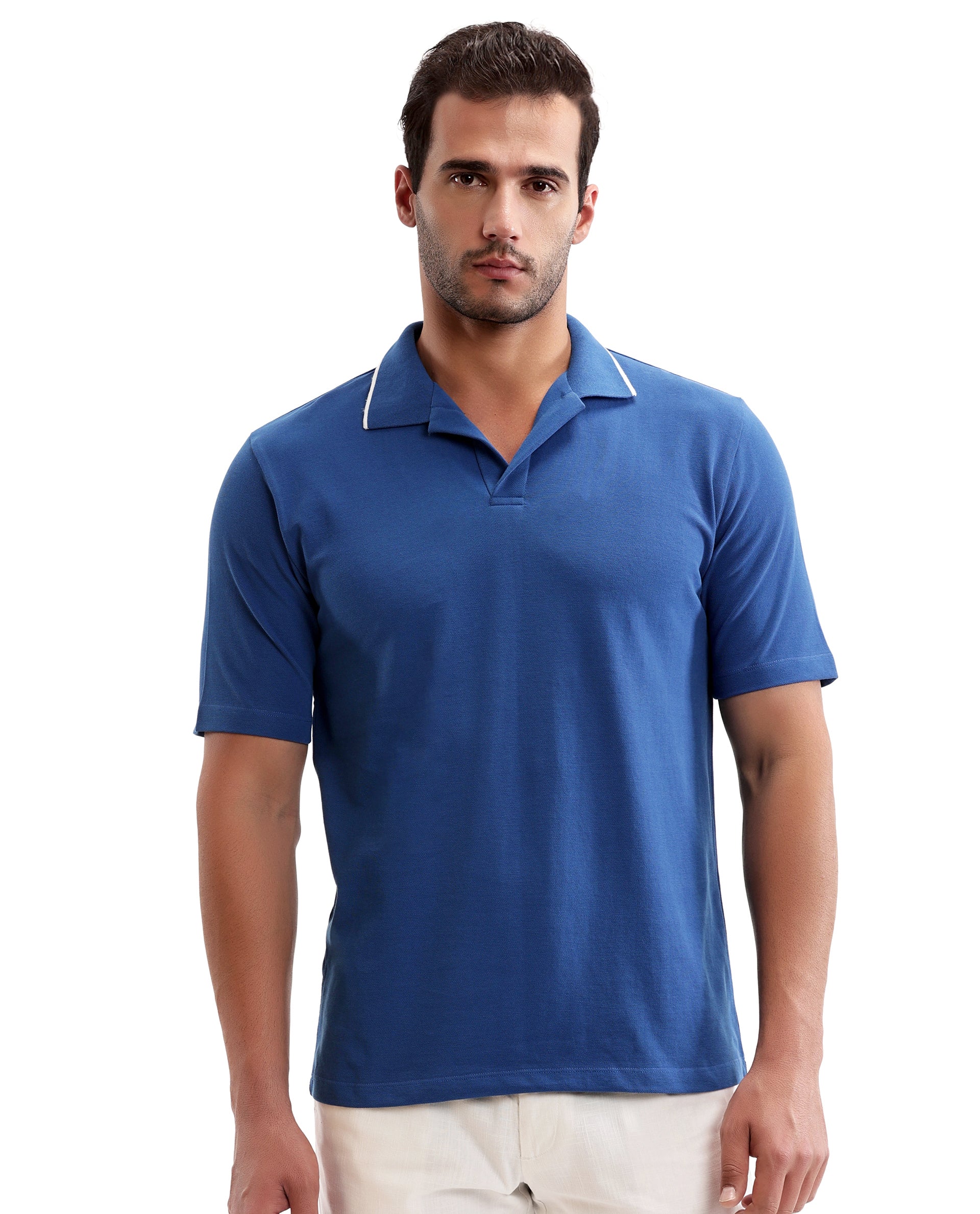 Prussian Blue Johnny Collar Polo with White Collar Piping