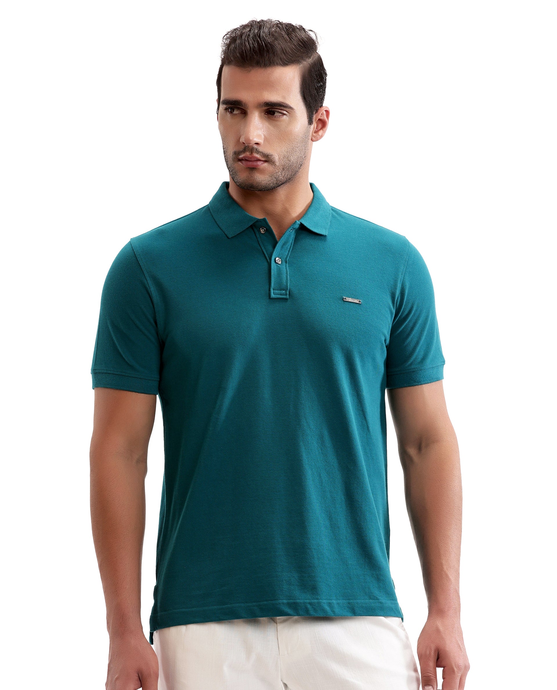 Ocean Teal Pique Polo with Metal Buttons, 7C Metal Badge