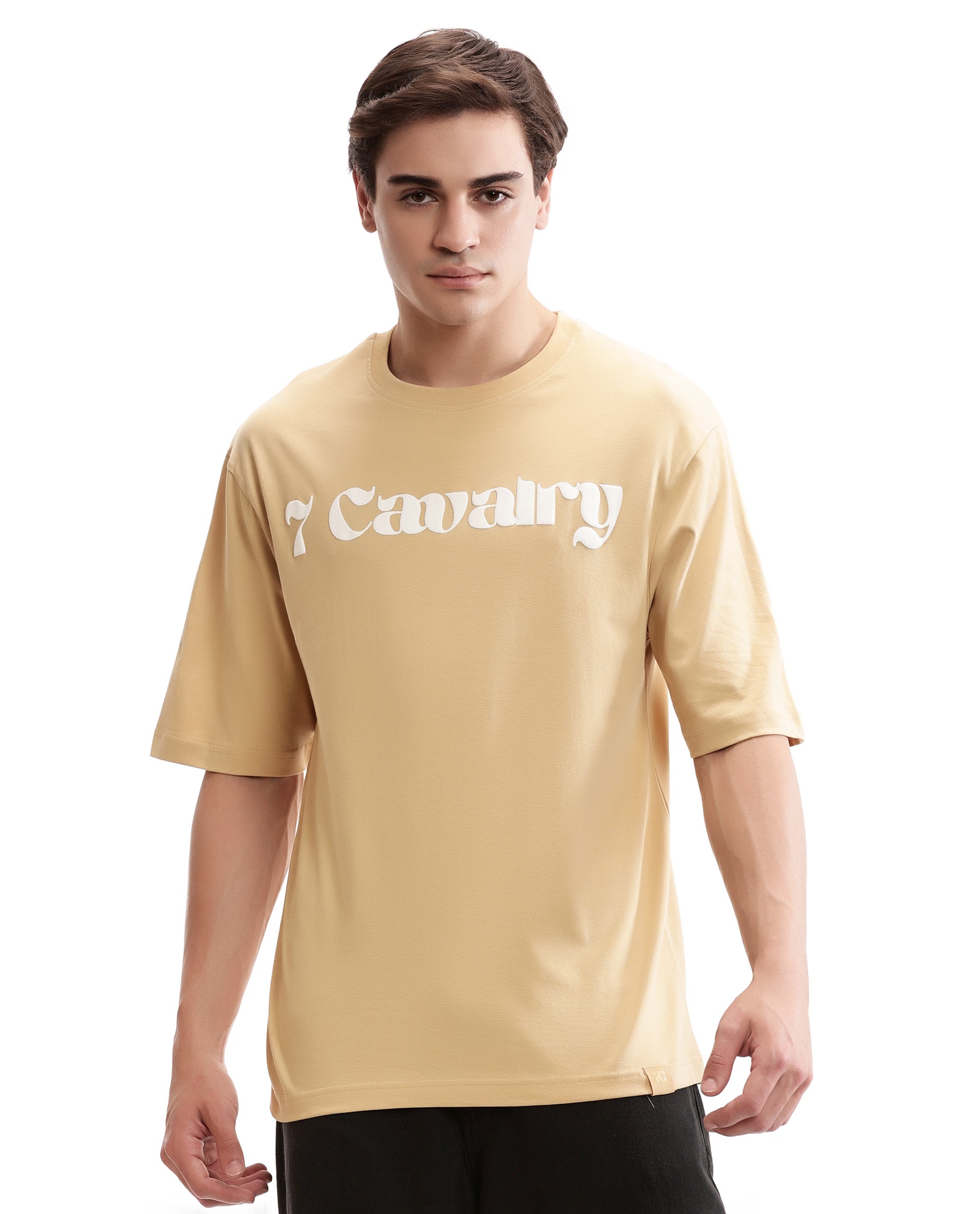 Camel Beige Single Jersey Crew Neck Oversized T-Shirt with Pure White Puff Print