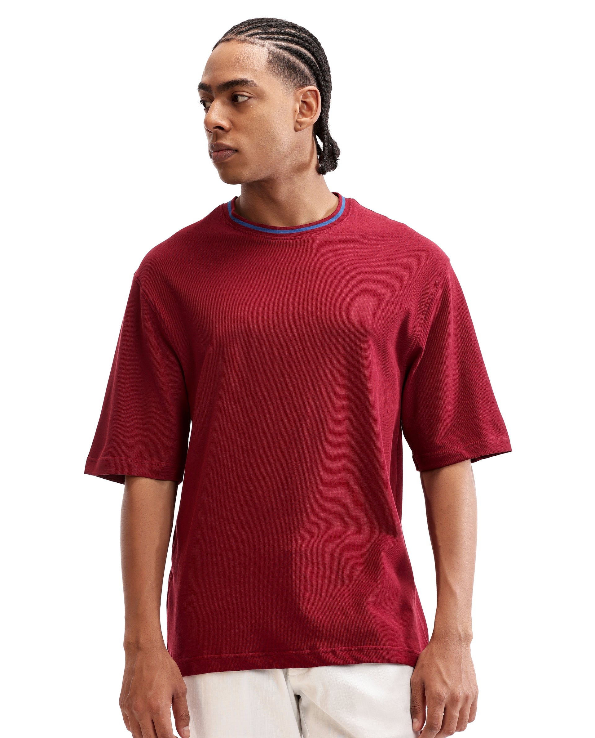 Bordeaux Maroon Pique Crew Neck Oversized T-Shirt with Midnight Navy Blue Piping