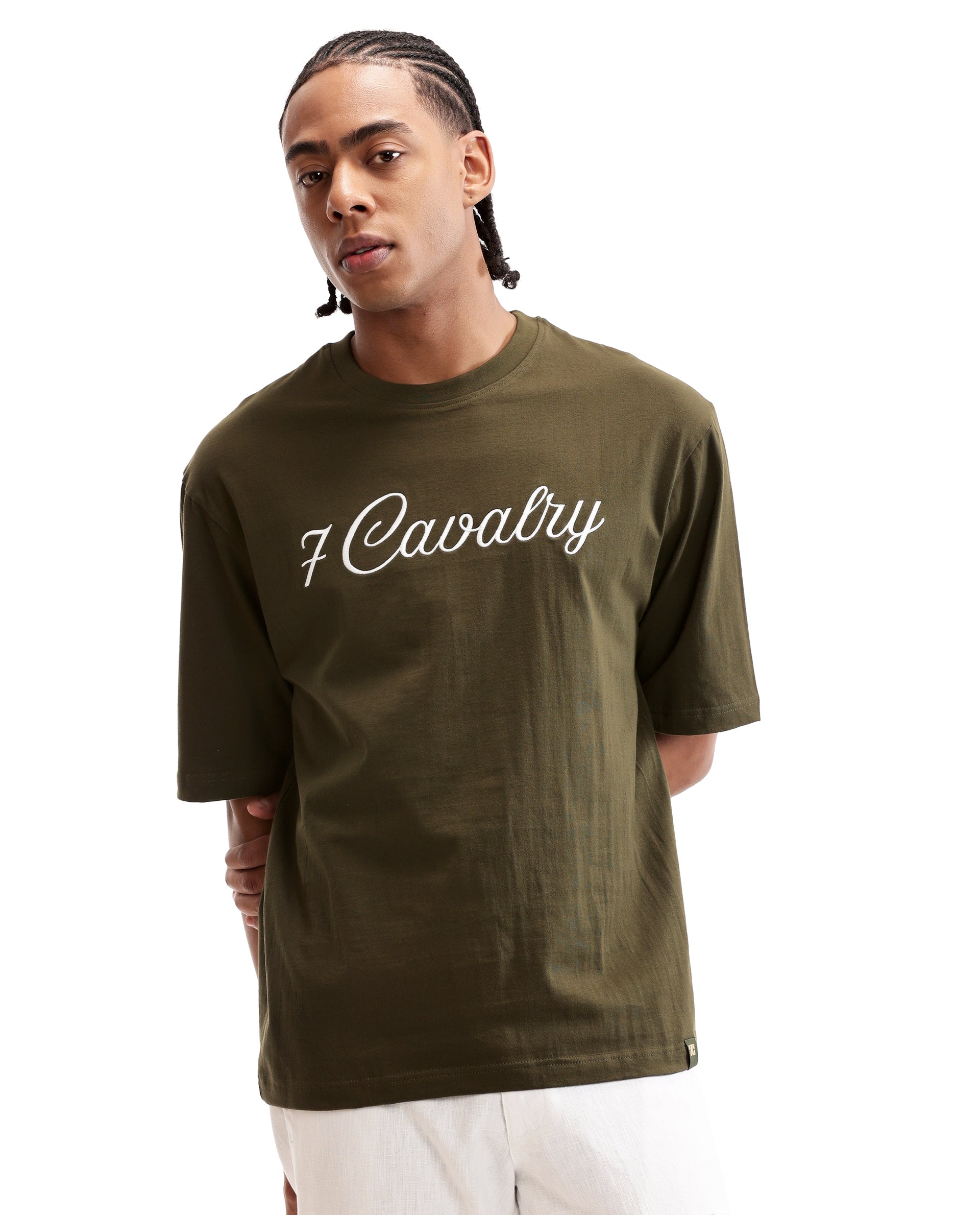 Vintage Olive Single Jersey Crew Neck Oversized T-Shirt with Pure White Embroidery