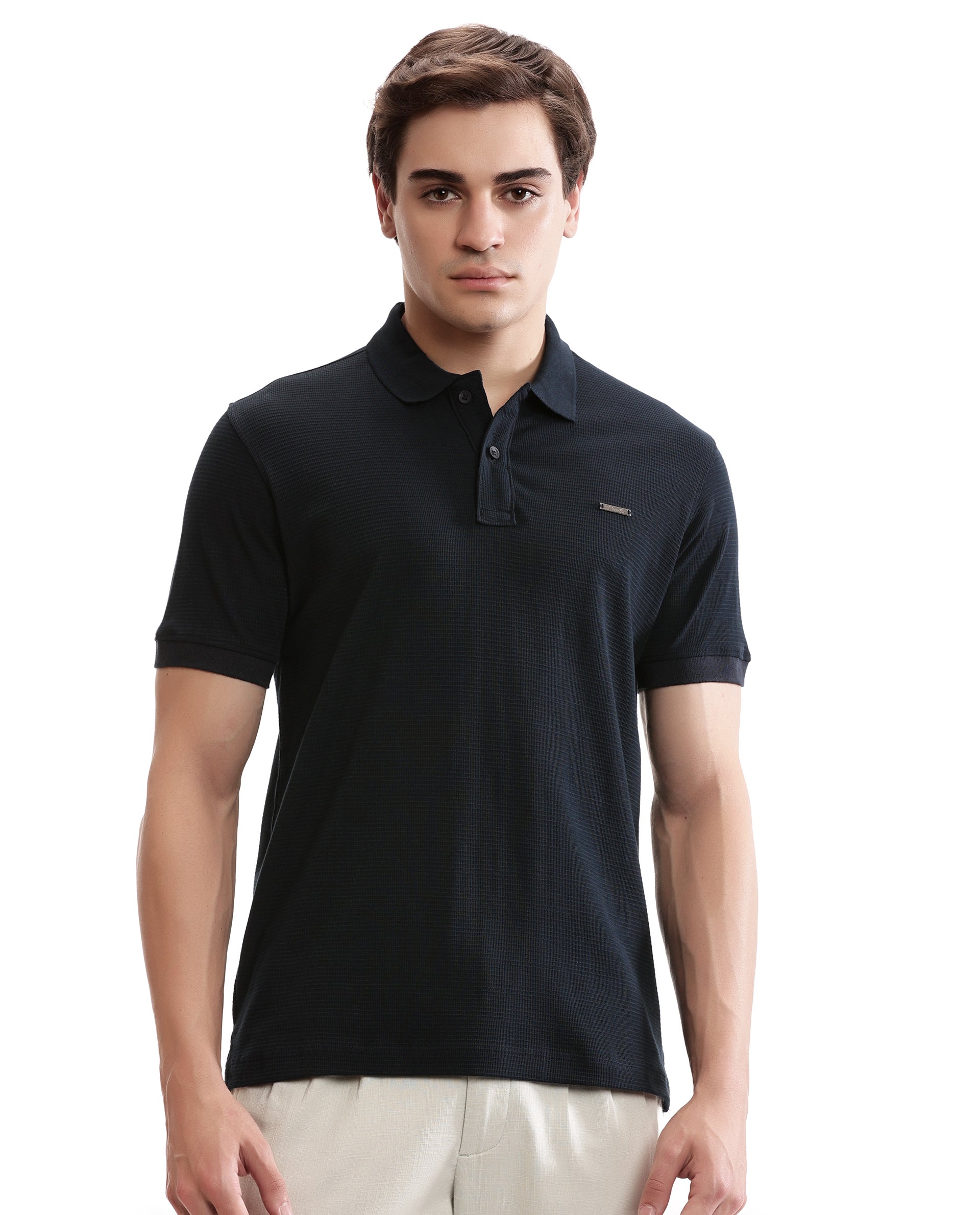 Midnight Navy Blue Knitted Waffle Polo with 7C Engraved Metal Badge