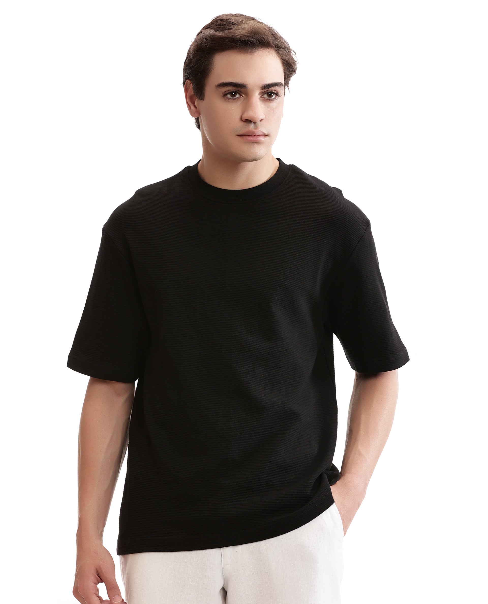Charcoal Black Knitted Ottoman Crew Neck Oversized T-Shirt