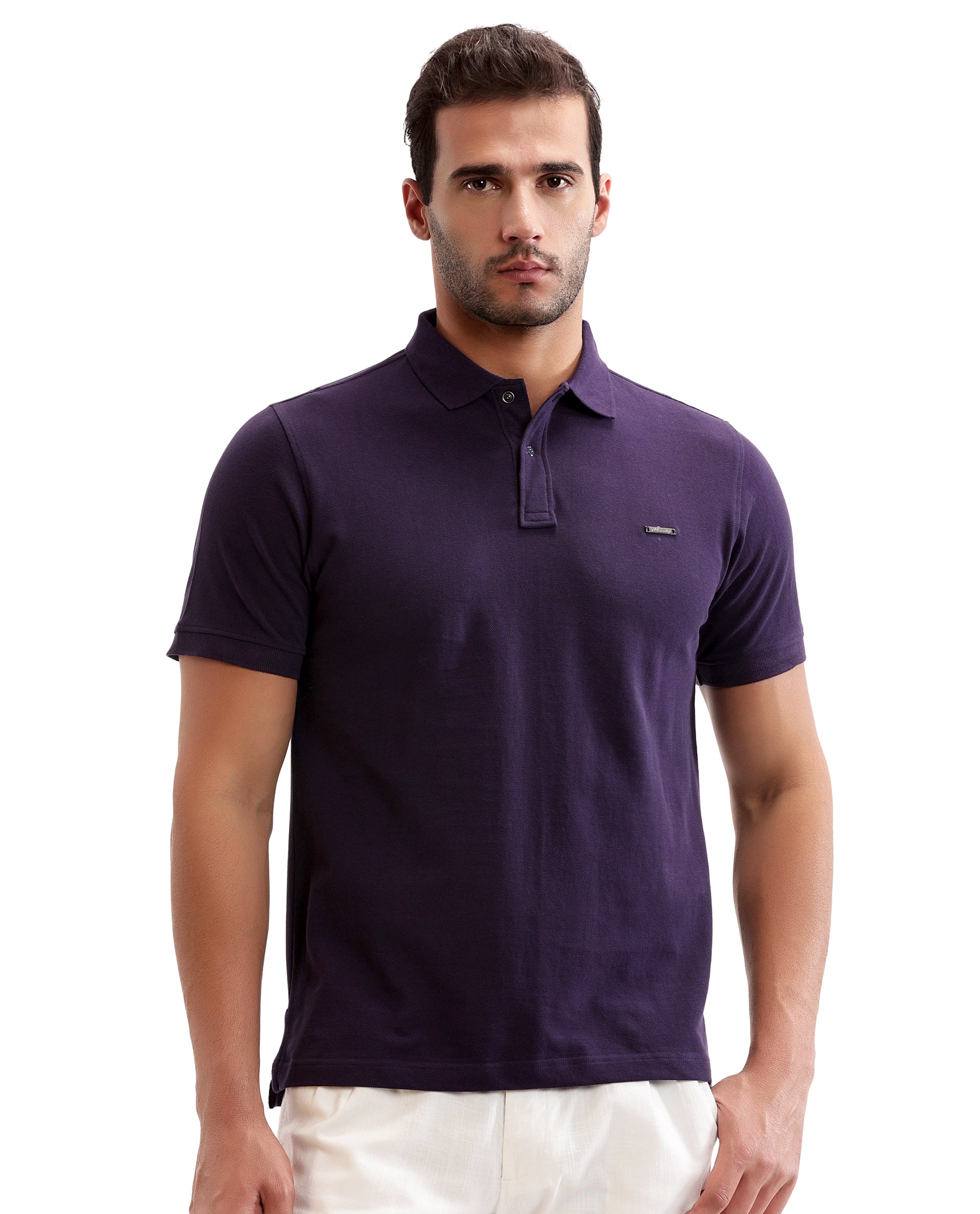 Deep Purple Pique Polo with 7C Snap Buttons, Metal Badge