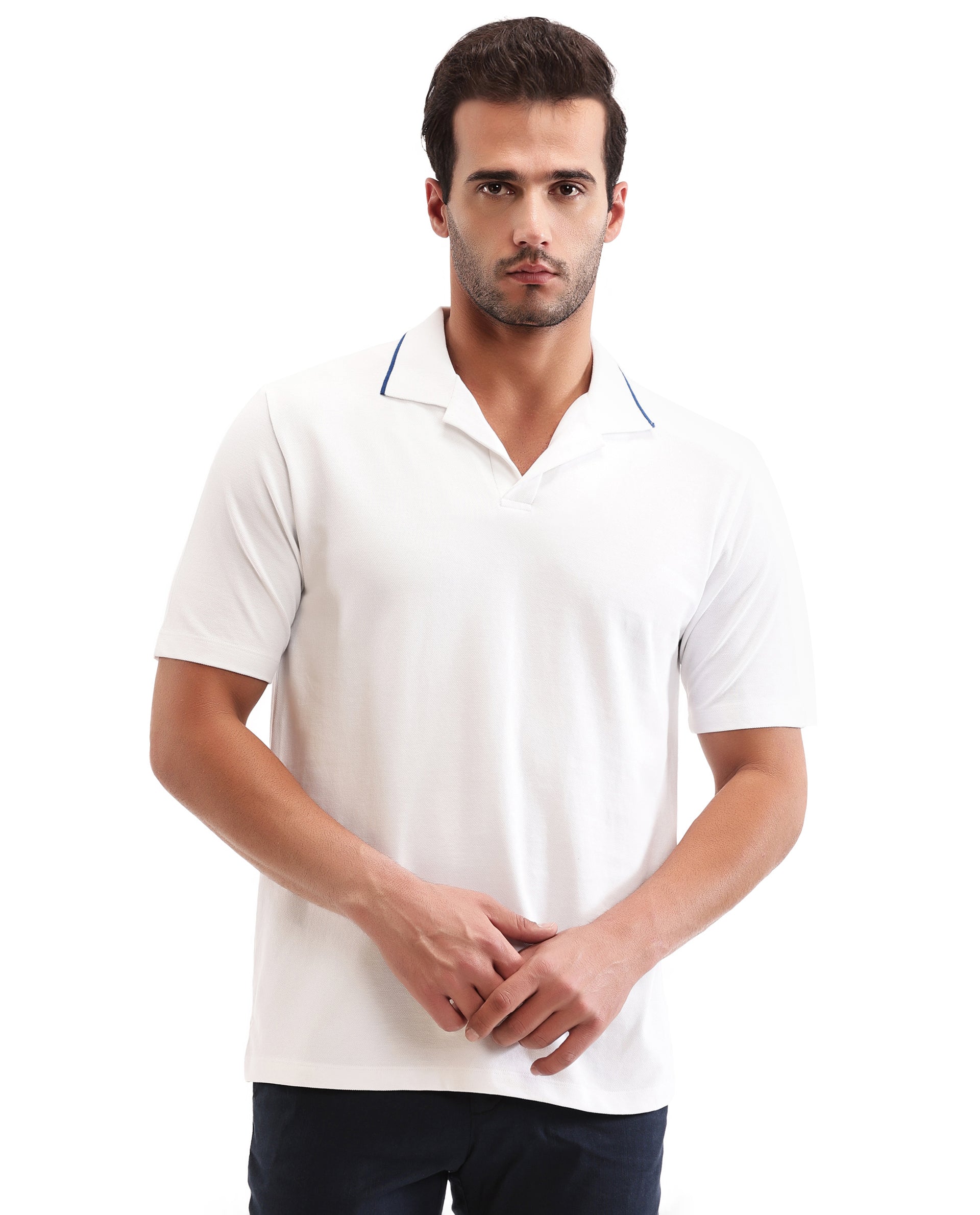 Pure White Johnny Collar Pique Polo with Prussian Blue Collar Piping