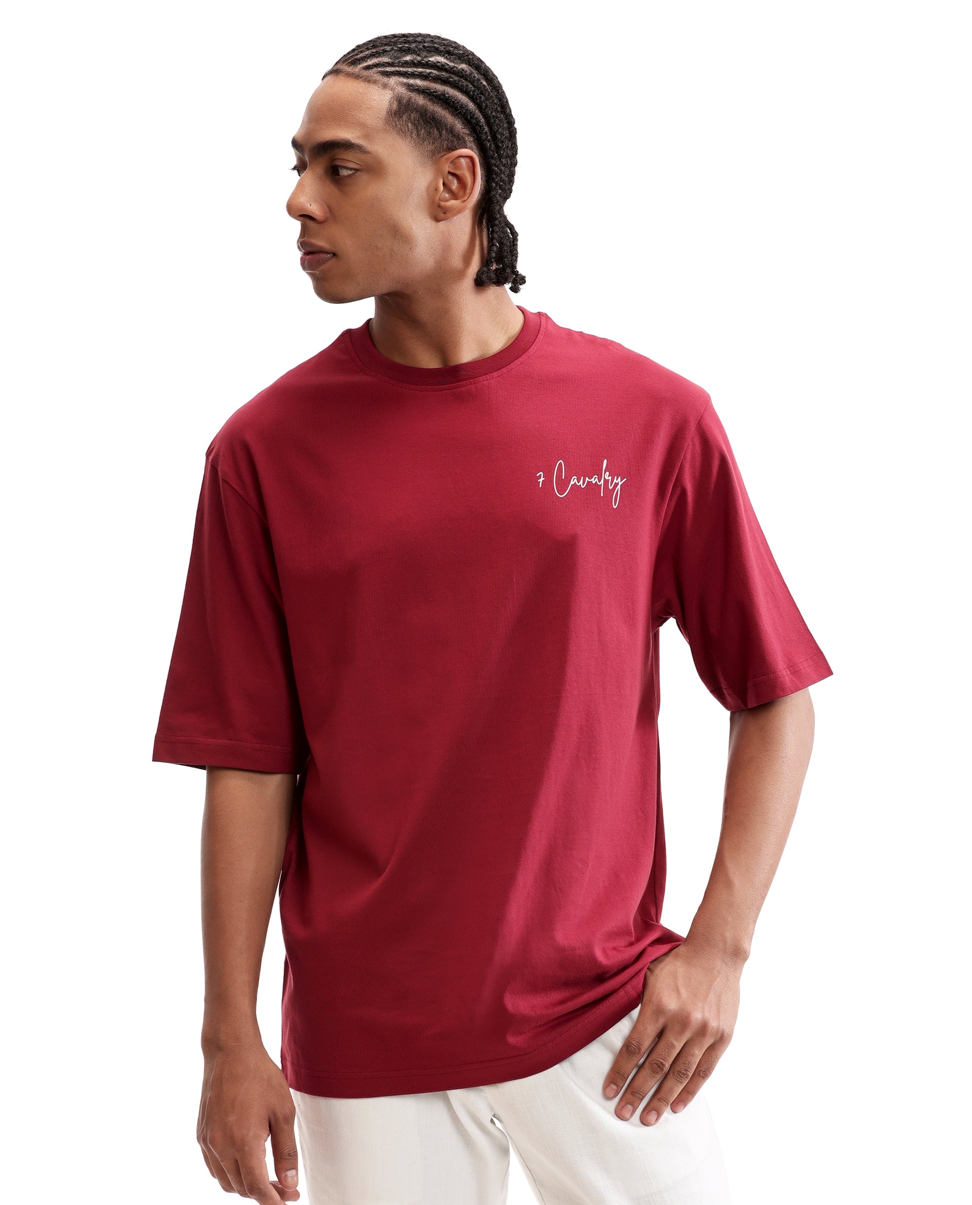 Bordeaux Maroon Single Jersey Crew Neck Oversized T-Shirt with Pure White Non-PVC Print