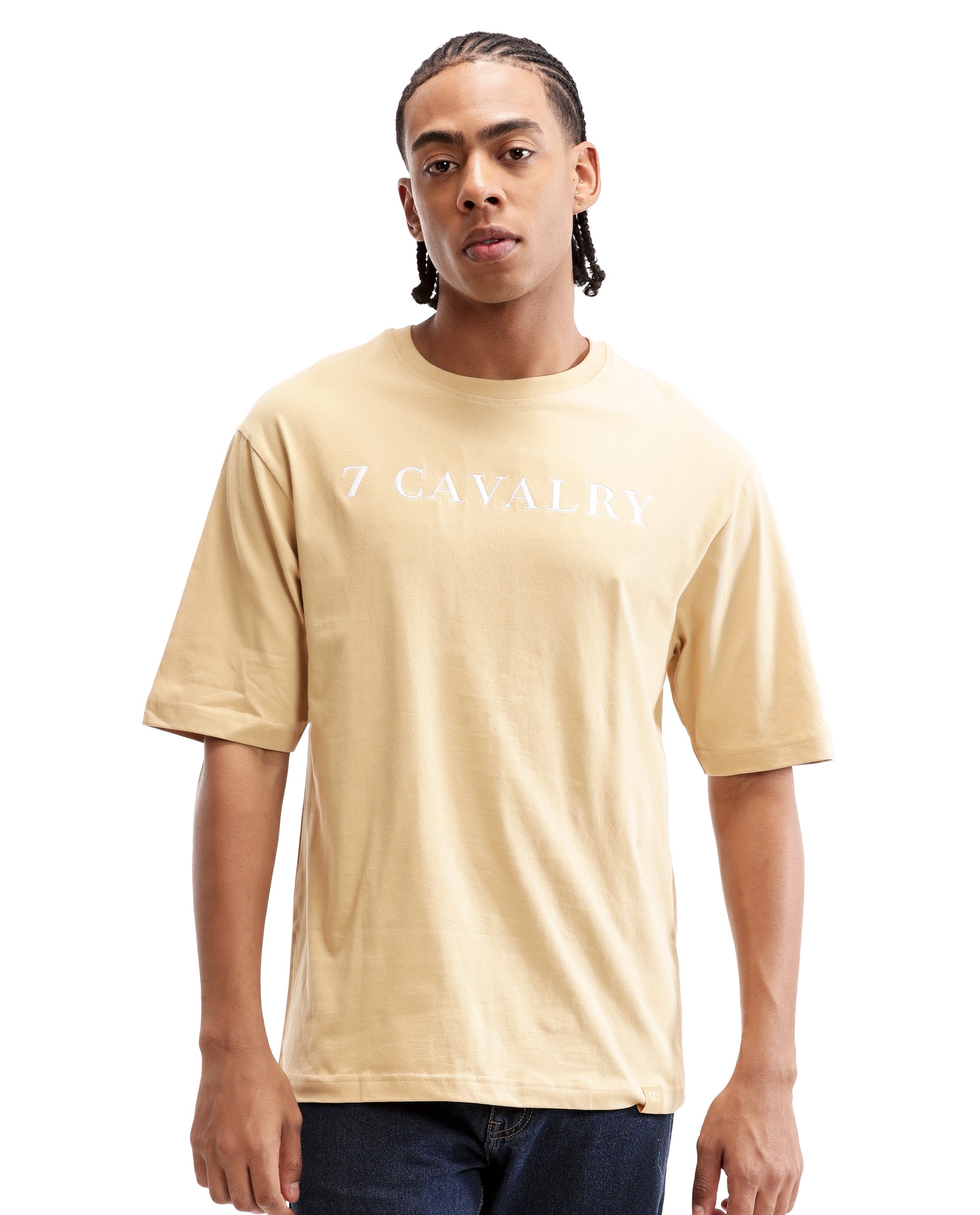 Camel Beige Single Jersey Crew Neck Oversized T-Shirt with Pure White Embroidery