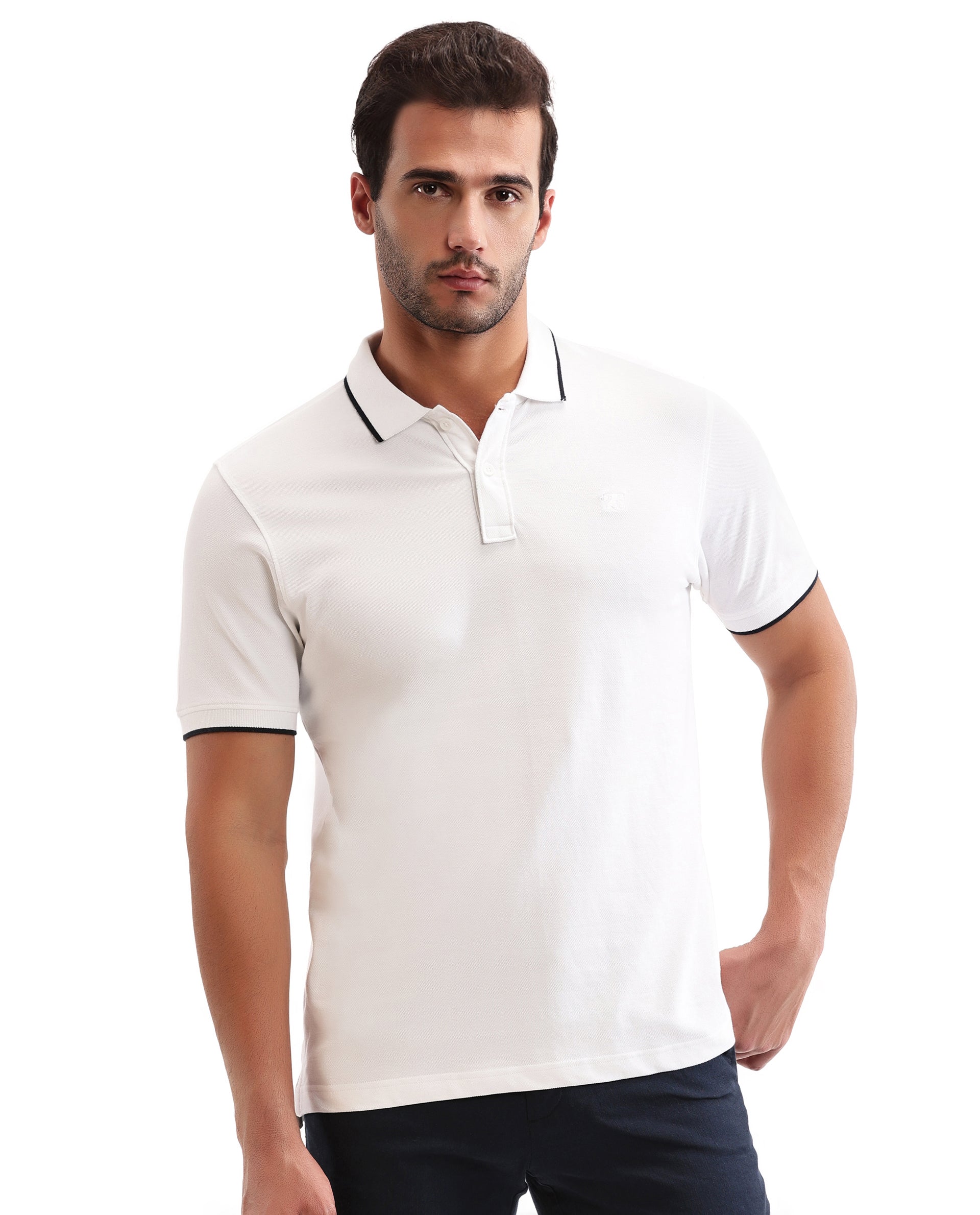 Pure White Pique Polo with Midnight Navy Blue Collar Piping, Tone-on-Tone 7C Embroidery