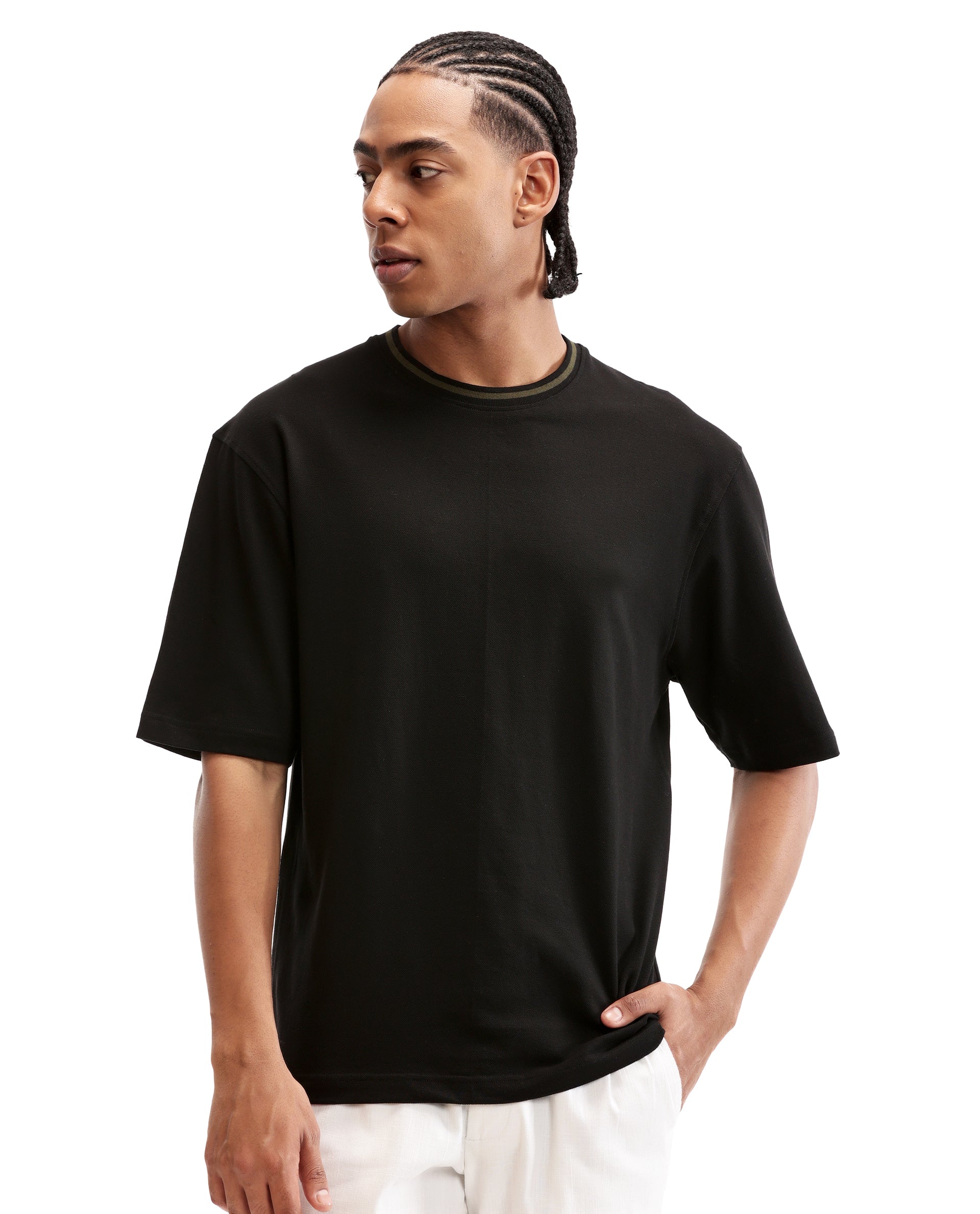 Charcoal Black Pique Crew Neck Oversized T-Shirt with Vintage Olive Piping