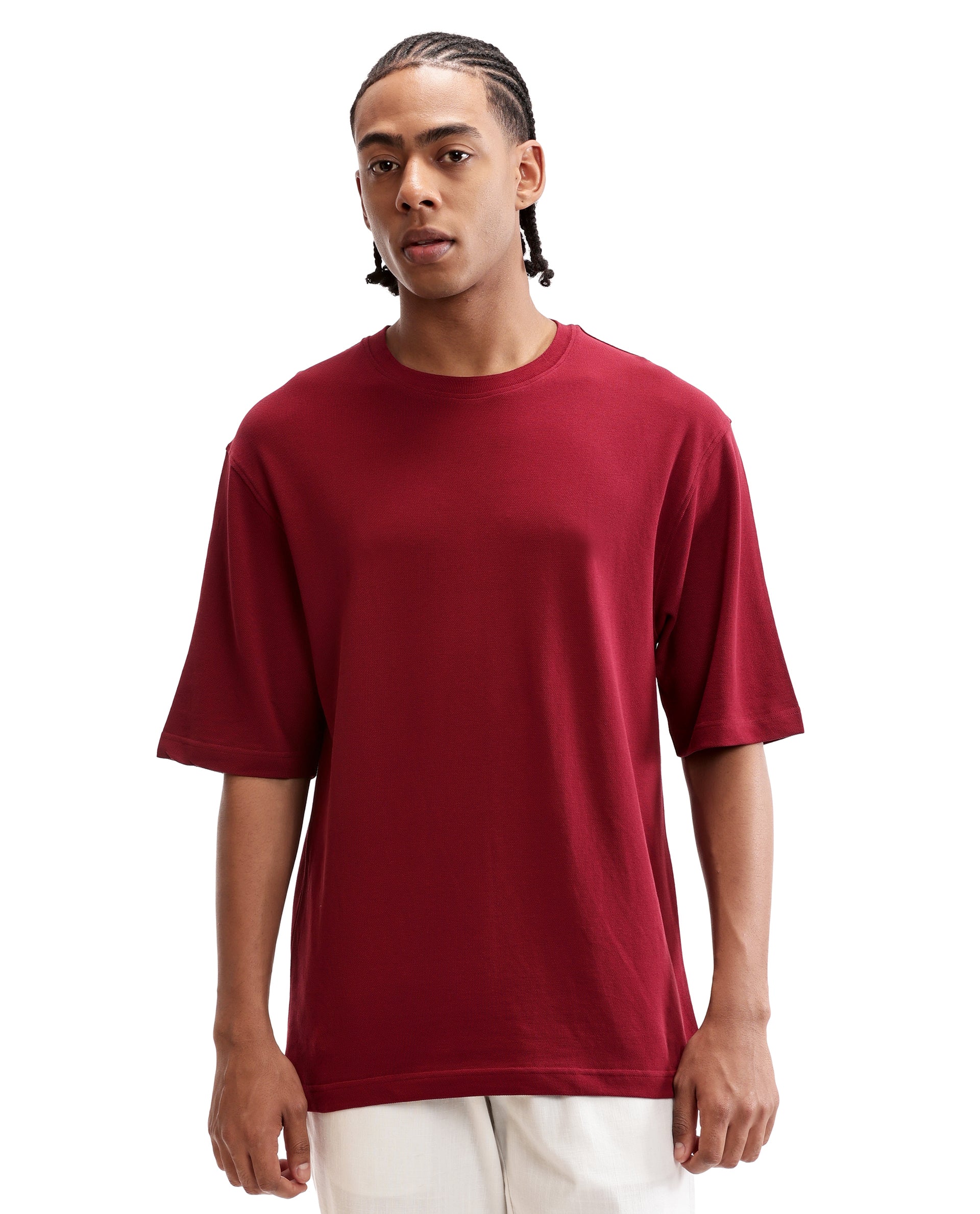 Bordeaux Maroon Pique Crew Neck Oversized T-Shirt
