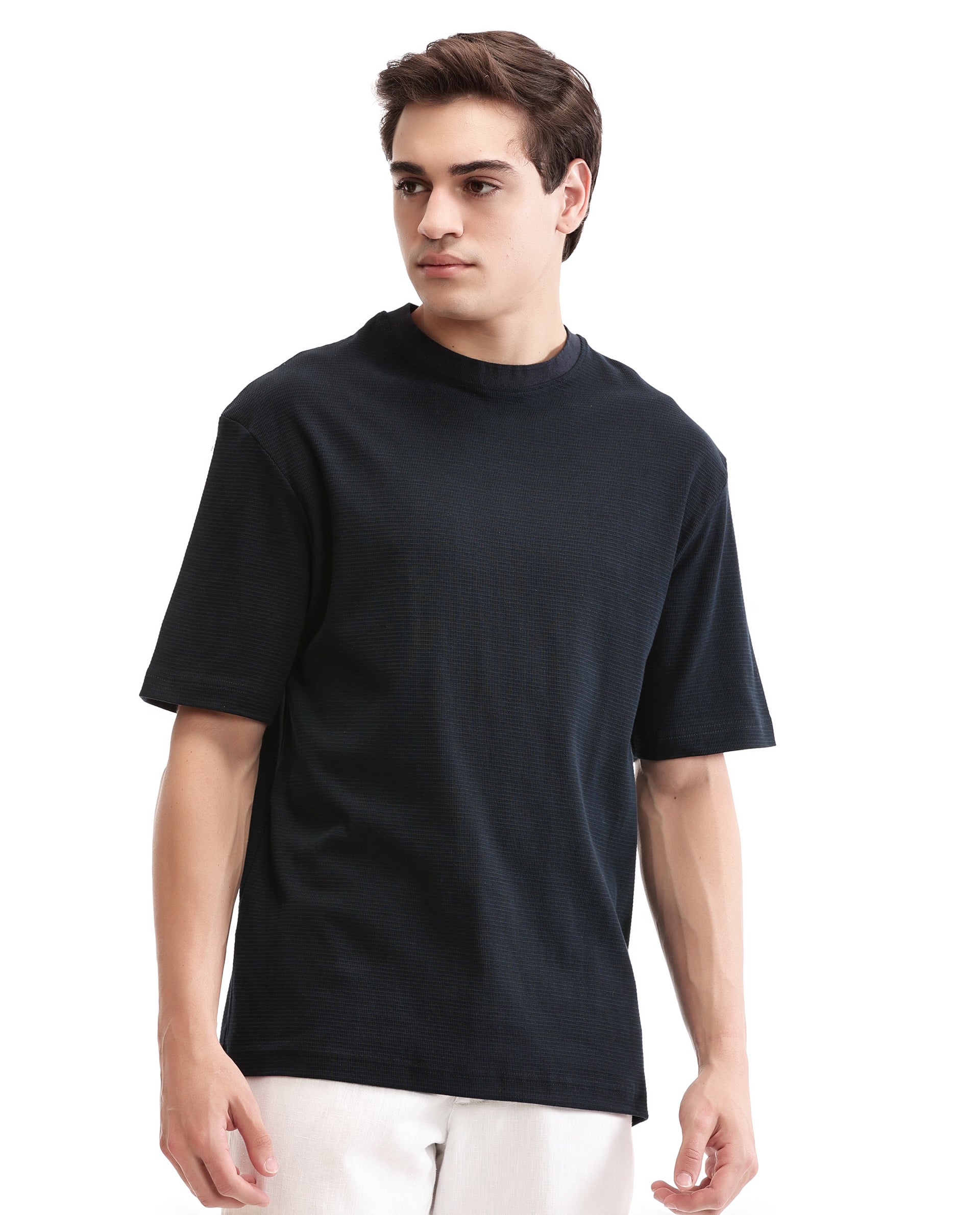 Midnight Navy Blue Knitted Waffle Crew Neck Oversized T-Shirt