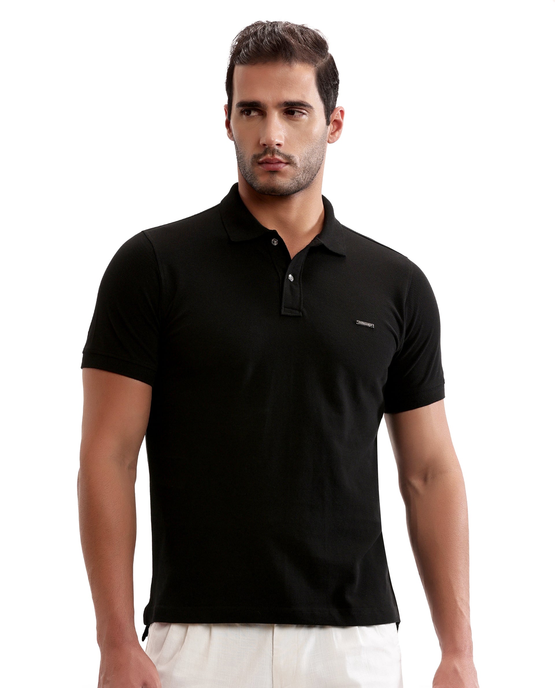 Charcoal Black Pique Polo with Metal Buttons, 7C Metal Badge