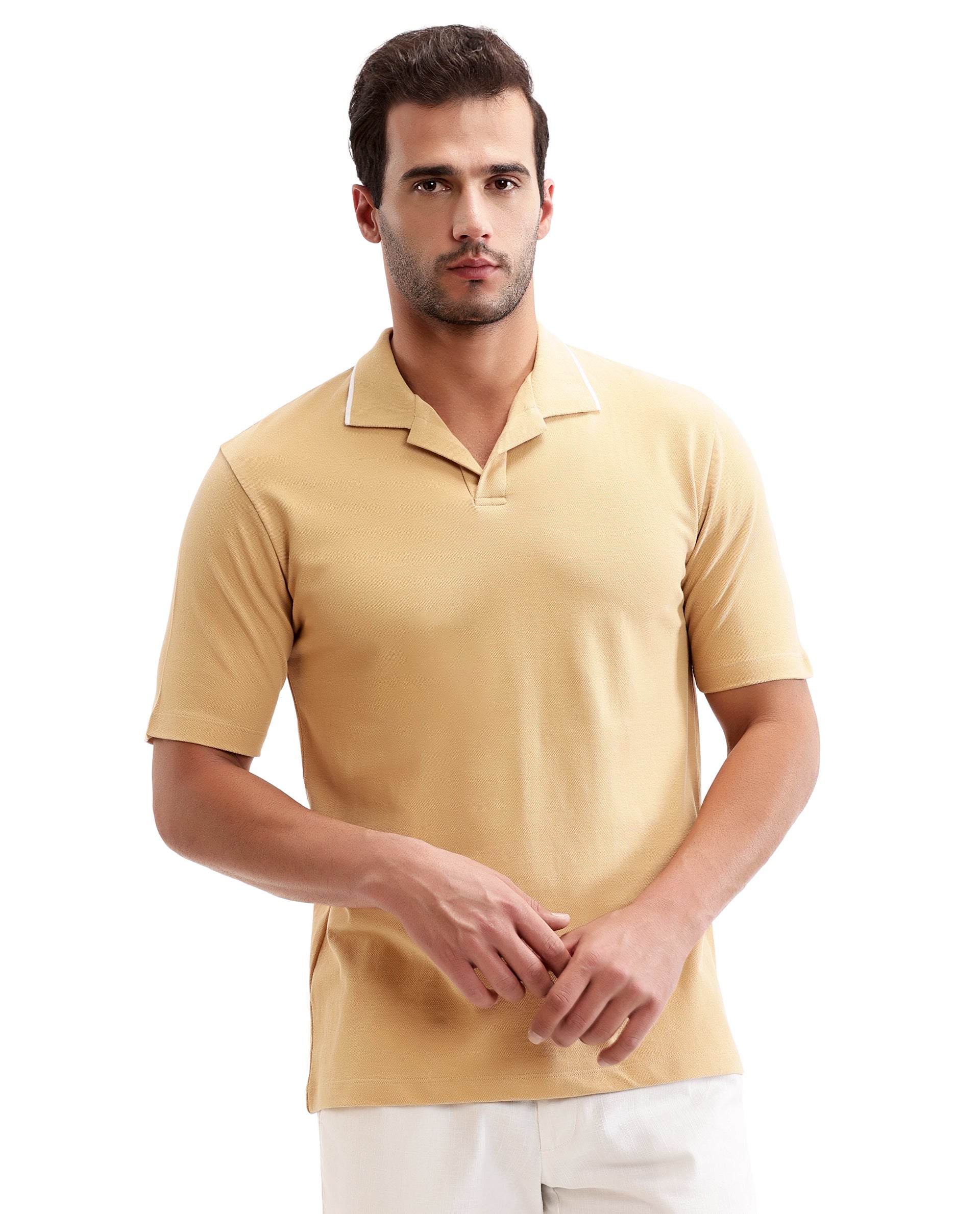 Camel Beige Johnny Collar Pique Polo with White Collar Piping