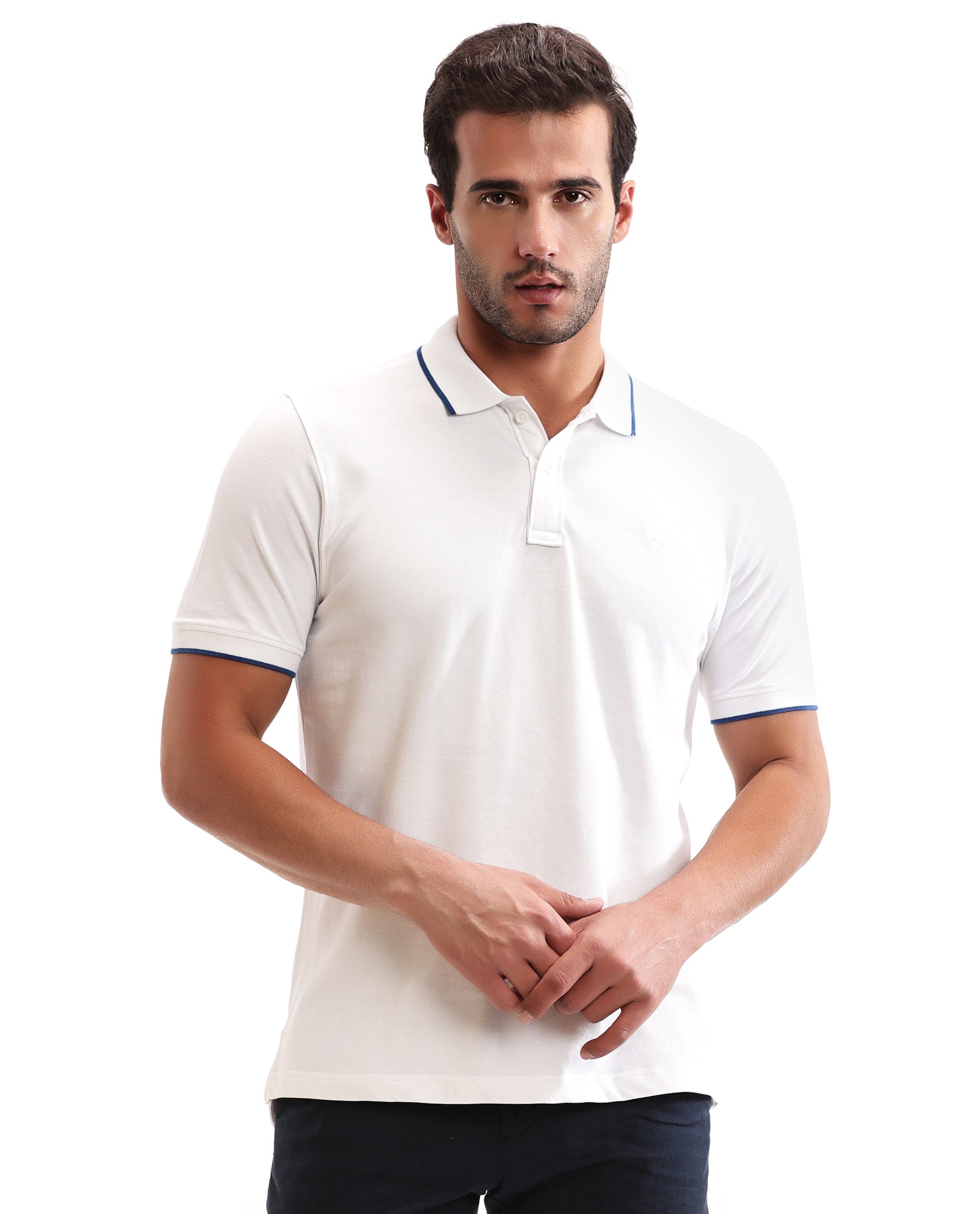 Pure White Pique Polo with Imperial Prussian Blue Collar Piping, Tone-on-Tone 7C Embroidery